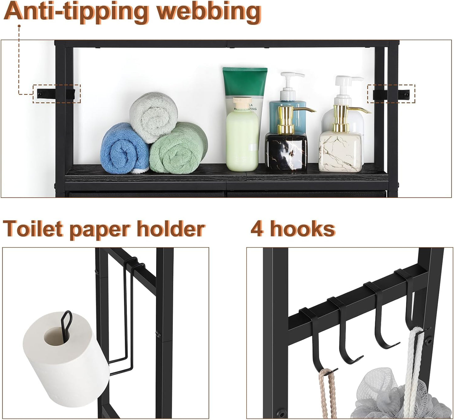 YBING Black Over The Toilet Storage Cabinet, Over Toilet Bathroom Organizer Freestanding, Above Toilet Storage Cabinet, Over Toilet Storage Shelf with Drawers