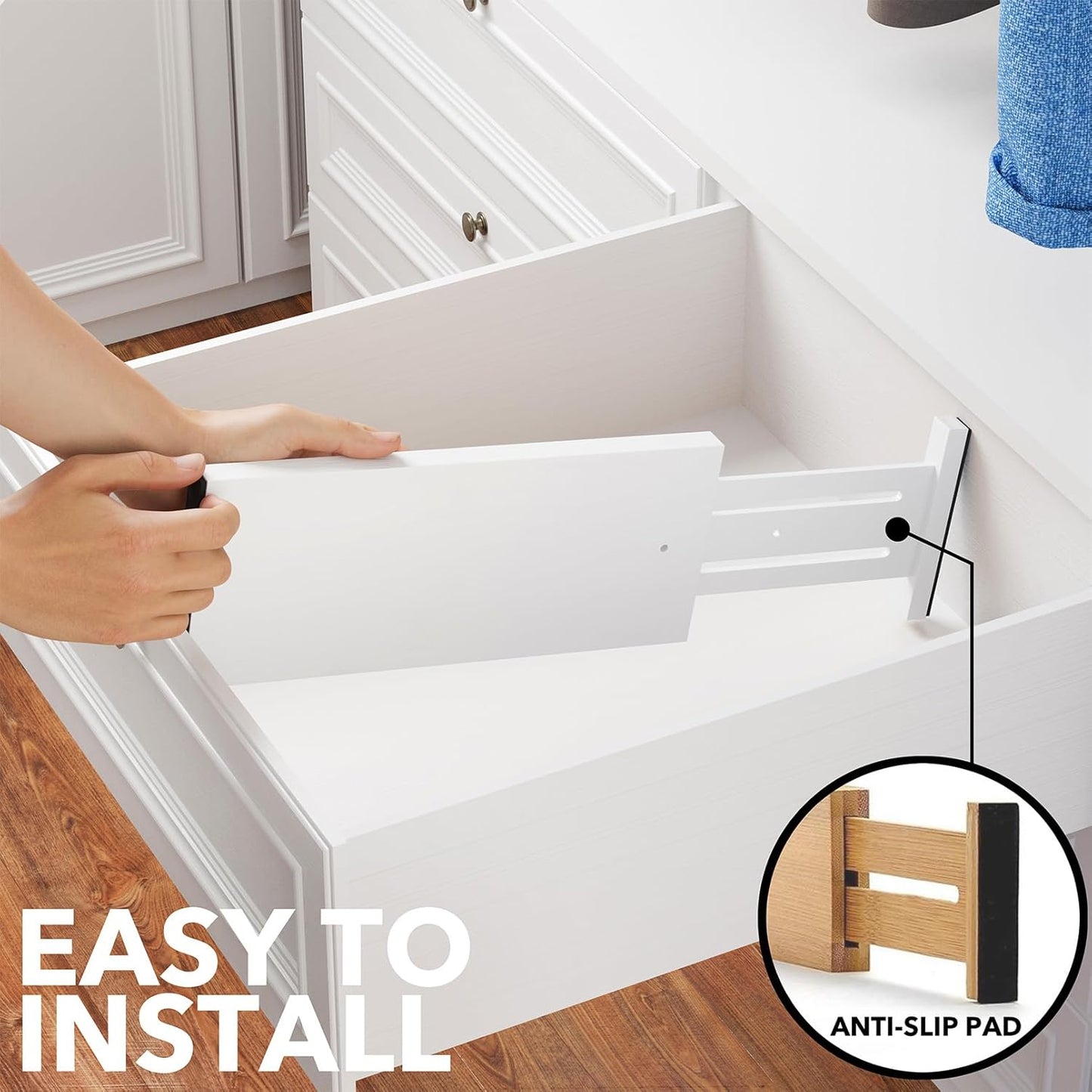 SpaceAid Bamboo 4 Pack Dresser Drawer Dividers, 4.65“ High Adjustable 12.5“-17” Drawer Organizers, Expandable Organization for Clothing, Clothes, Dressers, White