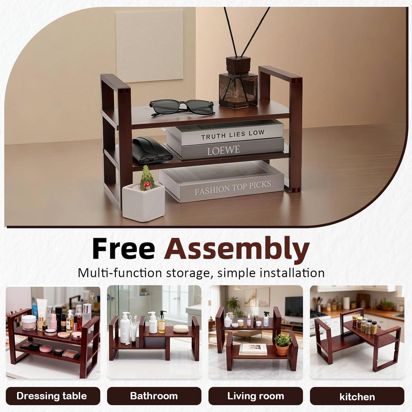 Upgraded Desktop & Off-Surface Shelves, No Tools Assembly Interlocking Joints for Enhanced Stability, Solid Pine Wood, 130lb Load Capacity for Office, Books, Bathroom Storage Walnut Colour