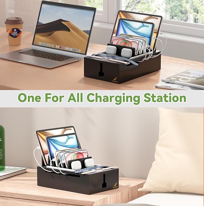 Pezin & Hulin Bamboo Charging Station, Electronic Devices Organizer for Multiple Devices Charger Such As Cell Phone, Tablet, Watch and More, Blackl, (No USB Charger and Cables