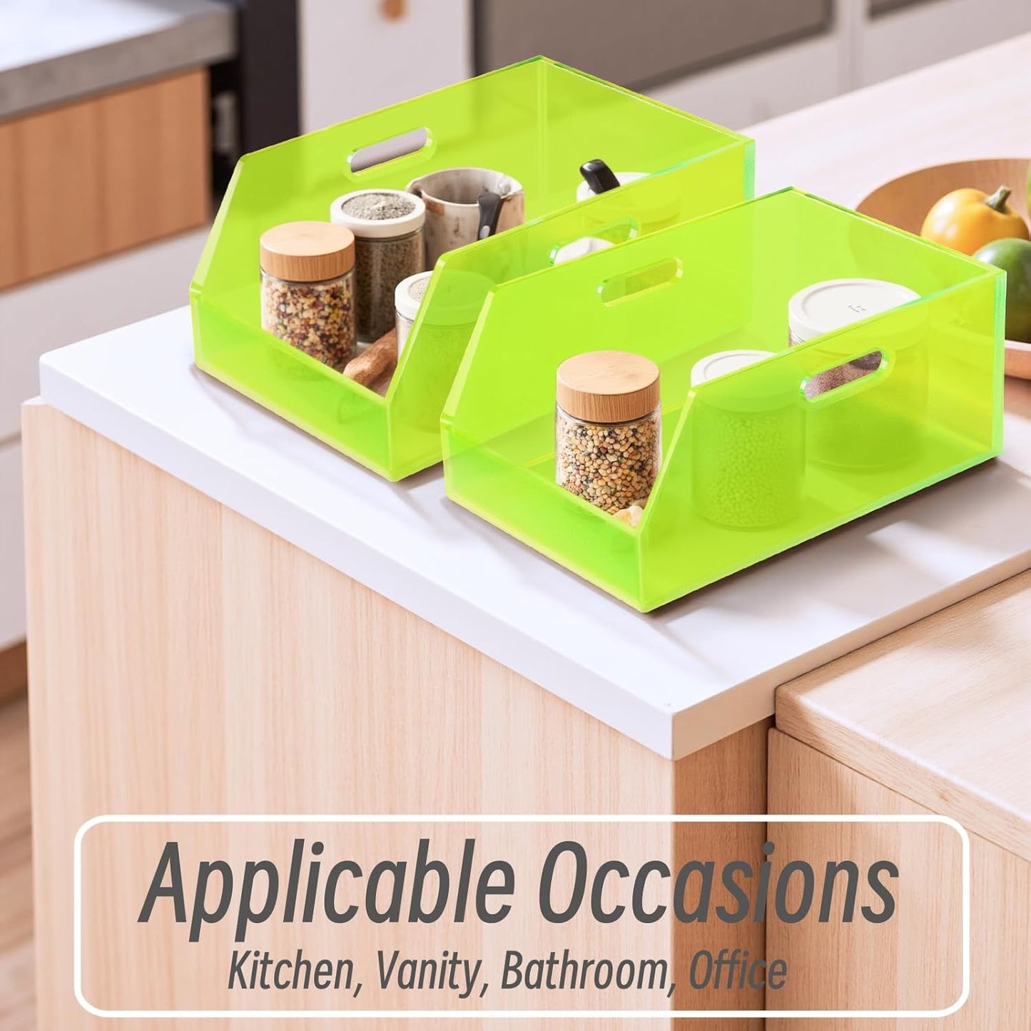 Stackable Large Storage Bin Organizer with Handles Acrylic Storage Container for Toy Pantry Kitchen Cabinet Bathroom Closet Office Organization, 15.4x11.4x6.7'', Neon Green