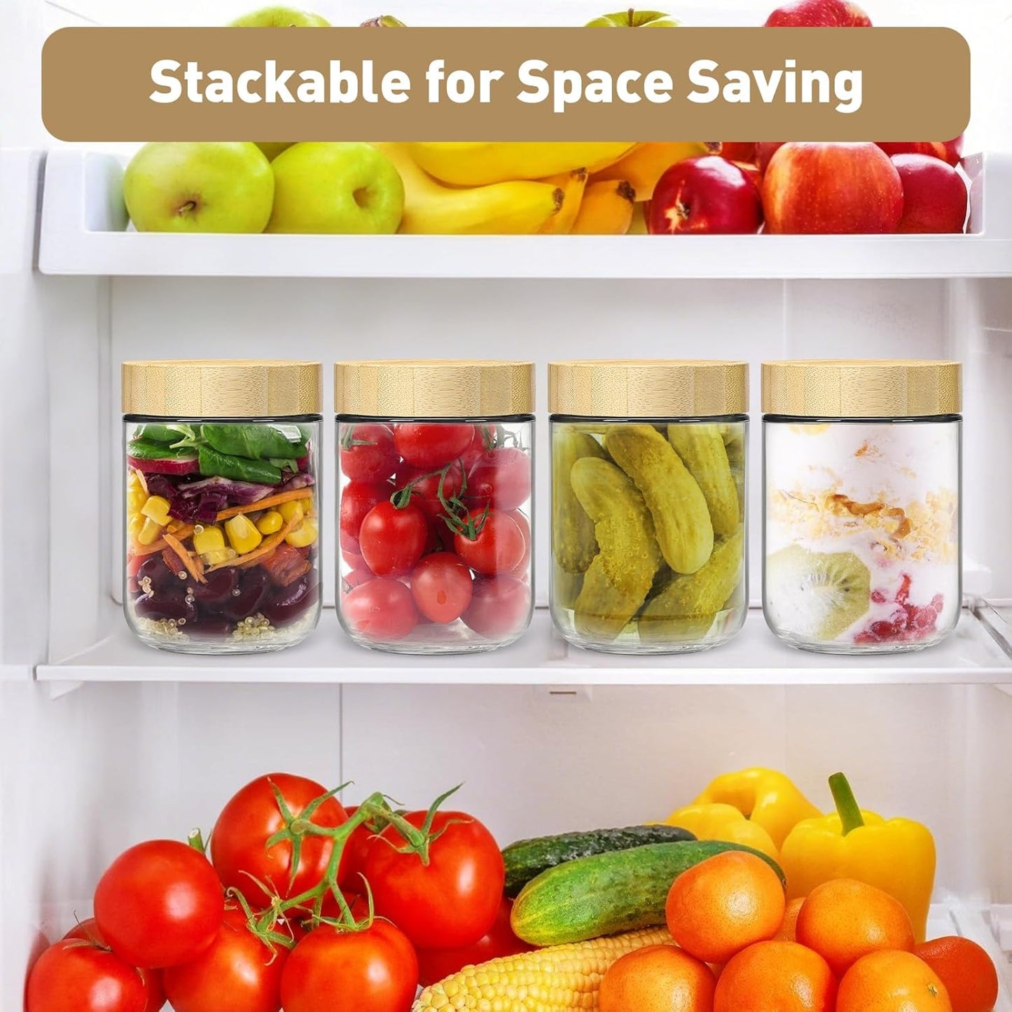 Overnight Oats Containers with Lids,16oz Wide Mouth Glass Mason Jars with Bamboo Lid,Overnight Oats Jars with Spoons,Meal Prep Jar with Airtight Lid for Yogurt,Chia Pudding,Snacks,Salad,Spice 4pack