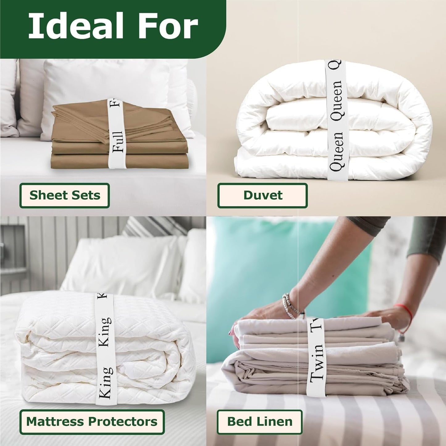 ECOHomes Bed Sheet Organizer and Storage Size Label Bands | Bed Sheets Set Organizers for Linen Closet Organization - Elastic Bedding Band Labels for Organizing Bedsheet (Queen 4PCs Pack | Simple)