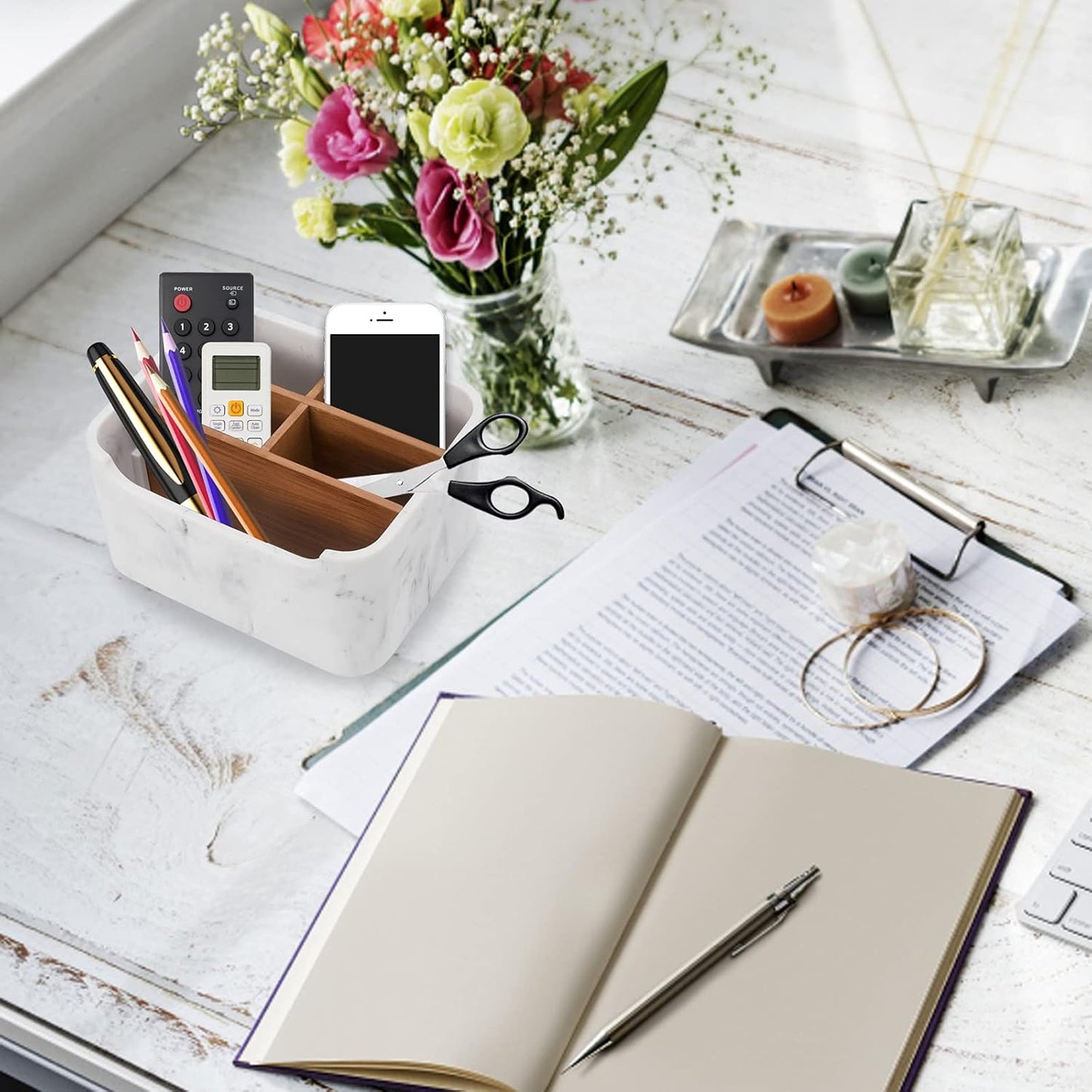 Desk Organizer, Marble Remote Holder for Table, Modern Office Controller Pen Phone Holder Organizer, Stylish Caddy and Storage Accessories for Bedside Nightstand Desktop Coffee Table