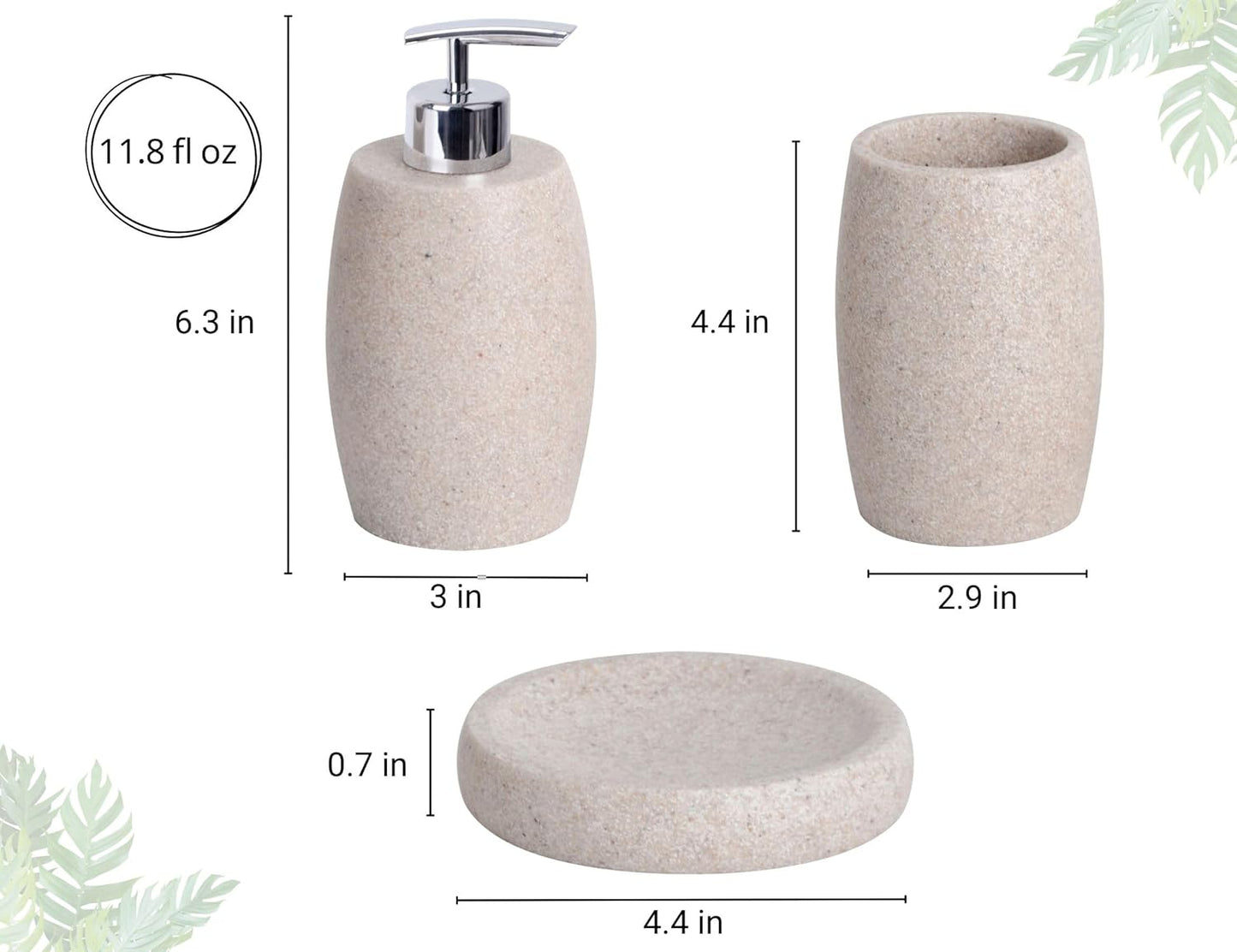 Beige Bathroom Accessories Set 3 PC, Resin Sandstone Look Soap Dispenser, Toothbrush Cup, Soap Dish, Bathroom Soap Dispenser Set for Home Decor and Kitchen