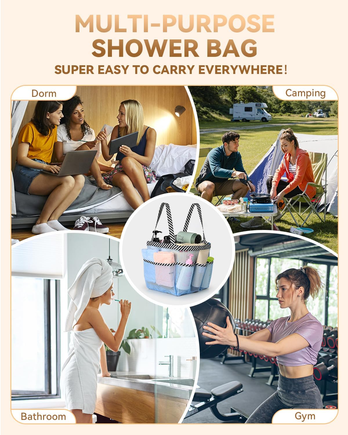 Temede Mesh Shower Caddy Tote, Large Shower Caddy Basket Portable, Quick Dry Hanging Toiletry Bag, 8 Storage Pocket Bath Organizer for College Dorm Room, Gym, Bathroom, Camp, Travel (Blue)