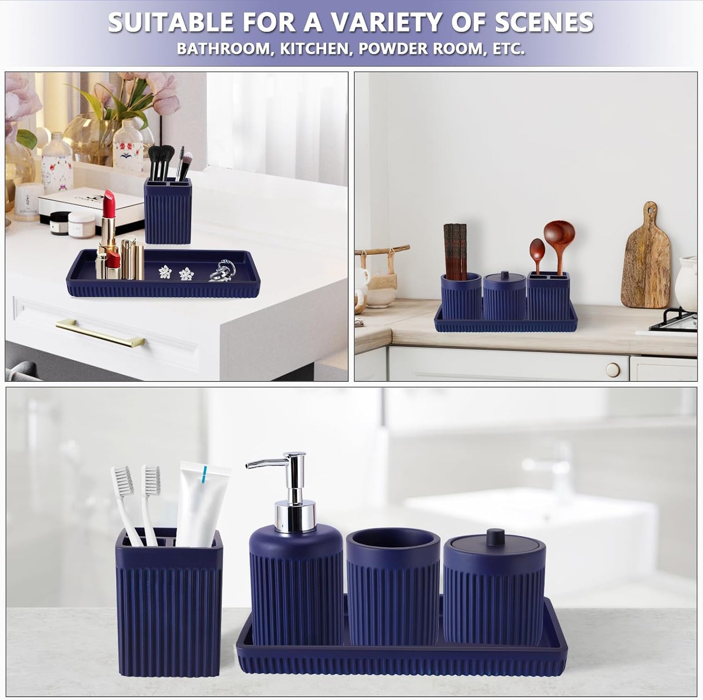 Resin Navy Blue Bathroom Accessories Set 5 Pcs, Lotion Soap Dispenser, Toothbrush Holder, Bathroom Tumbler, Qtip Holder and Vanity Tray, Bathroom Countertop Organizer Set for Modern Apartment
