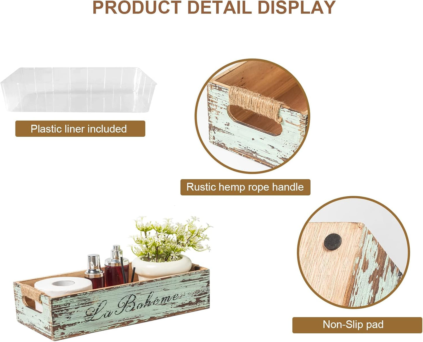 TIMRIS Farmhouse Distressed Wooden Storage Box, Rustic Bathroom Decor Box, Decorative Toilet Tank Basket Nice Butt, Vintage Countertop Organizer Box with Handles (Distressed Green)