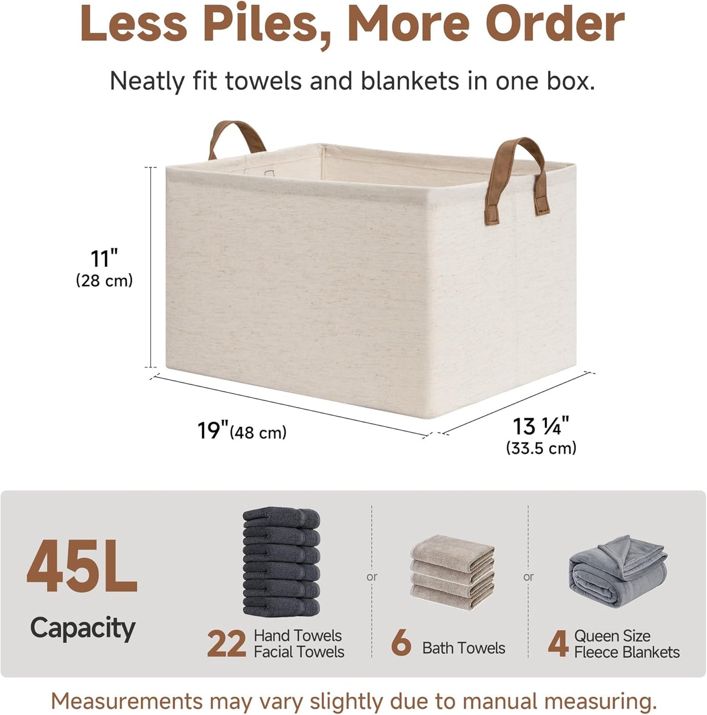 StorageWorks Storage Bins, Shelves Baskets for Organizing, 45L Extra Large Fabric Closet Organizers with Handles, Metal Frame, Beige(Cotton-linen), 2-Pack