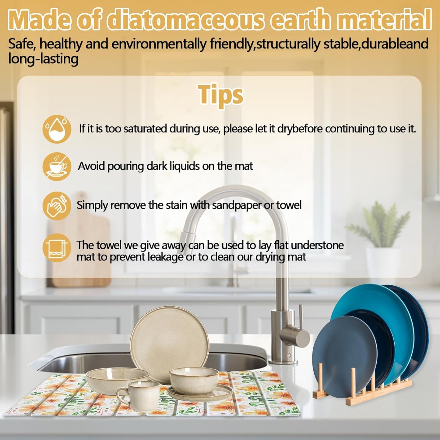 Stone Dish Drying Mat for Kitchen Counter, 24×16" Floral Diatomaceous Earth Drying Stone Mat, Foldable Quick Dry Kitchen Flower Stone Mat for Countertops, Bathroom, Sink & Home Decor