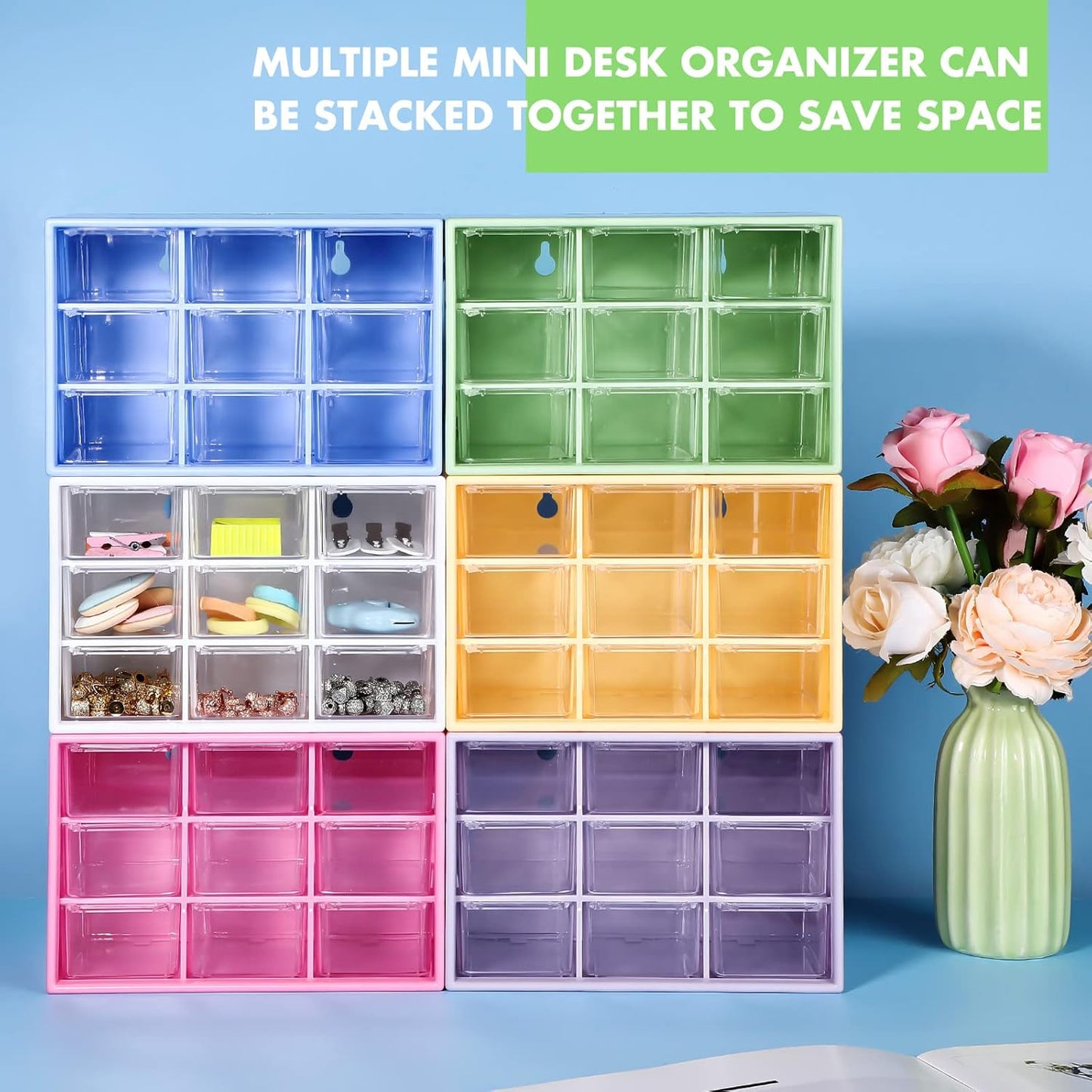 Amyhill 6 Pcs Mini Drawer Organizer Small Organizer with 9 Drawers Plastic Desktop Craft Storage Box for Office Home Room Jewelry Cosmetics Collection(Rose Red)