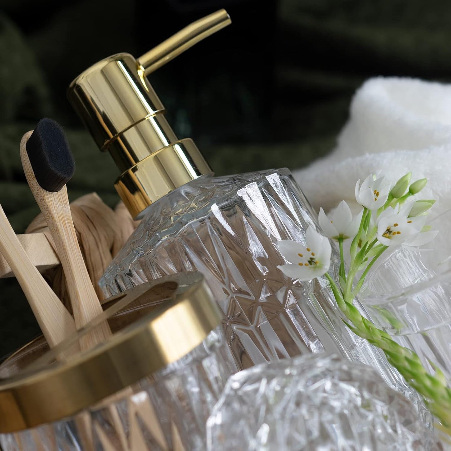 EMPO 6PCS Bathroom Clear Glass Accessories Set (Lotion Soap Dispenser, Soap Dish, Toothbrush Holder, Tumbler, Cotton Swab Jar), Contemporary Modern Decor Crystal Vintage Gift (6pcs Clear)