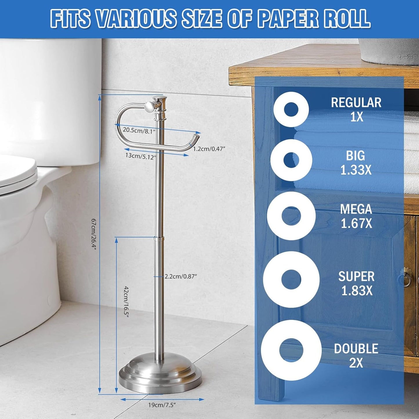 RUMOSE Toilet Paper Holder Stand for Floor, Brushed Nickel Adjustable (12.4" to 22.8") Bathroom Toilet Tissue Holder, Free Standing Toilet Paper Roll Holder with Storage, Stainless Steel