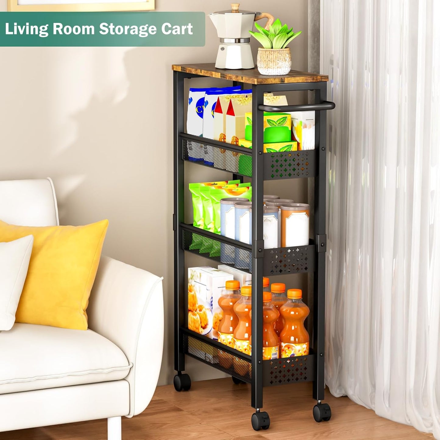 Utility Slim Storage Cart with Wheels, 4 Tier Small Rolling Cart with Wood Top, Metal Kitchen Bathroom Laundry Room Organization Trolley with Handle for Narrow Space – Black