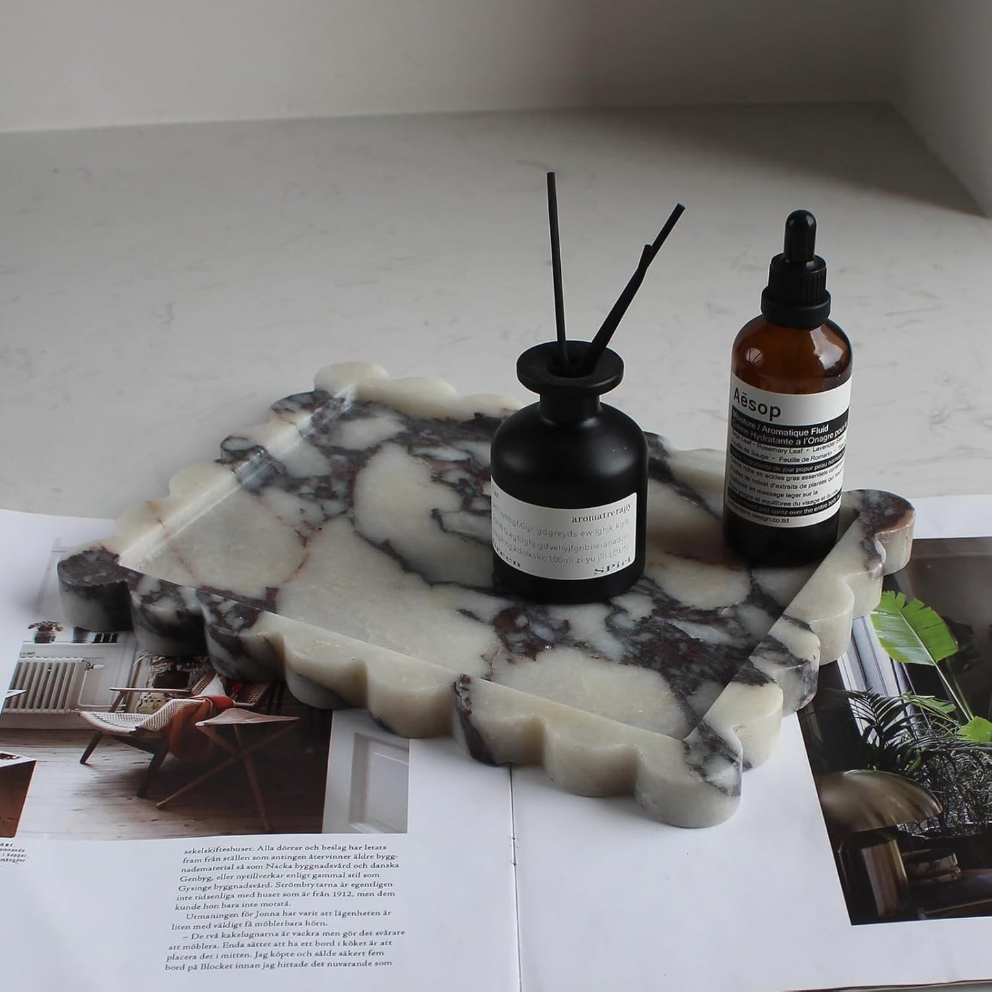 Natural Luxury Scalloped Marble Tray 10.8"x8", Rectangle Vanity Tray for Bathroom Kitchen Counter, Decorative Tray for Dresser Home Decor - Calacatta Purple