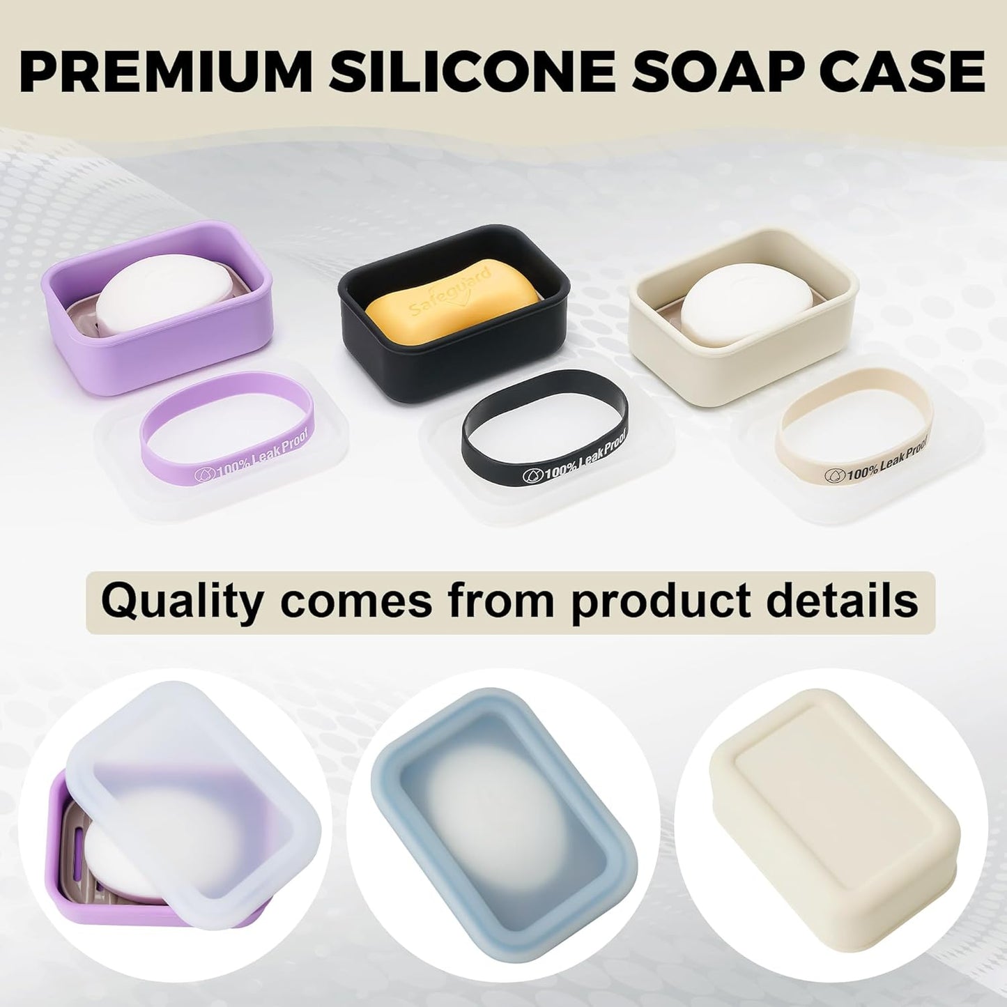 Compact Leakproof Travel Soap Case with Lid & Silicone Strap - Portable Draining Soap Bar Holder for Gym, Bathroom, Camping - Lightweight Silicone Soap Dish Container (Off-White)