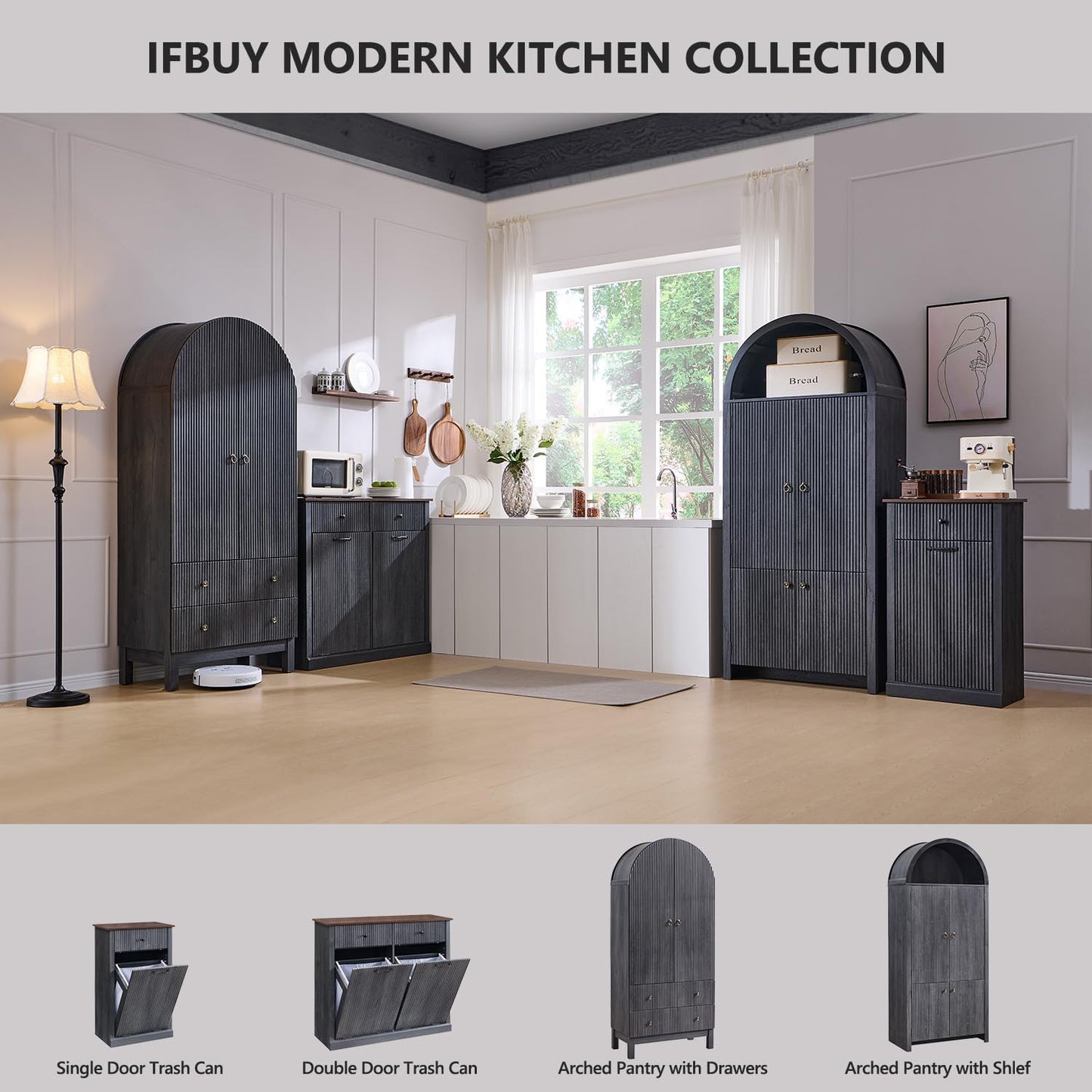 Modern Tilt-Out Laundry Hamper Cabinet, 10 Gallon Fluted Trash Can Cabinet with Drawer, Wooden Hidden Garbage Can Cabinets with Laundry Basket, Free Standing for Bathroom and Kitchen, Grey