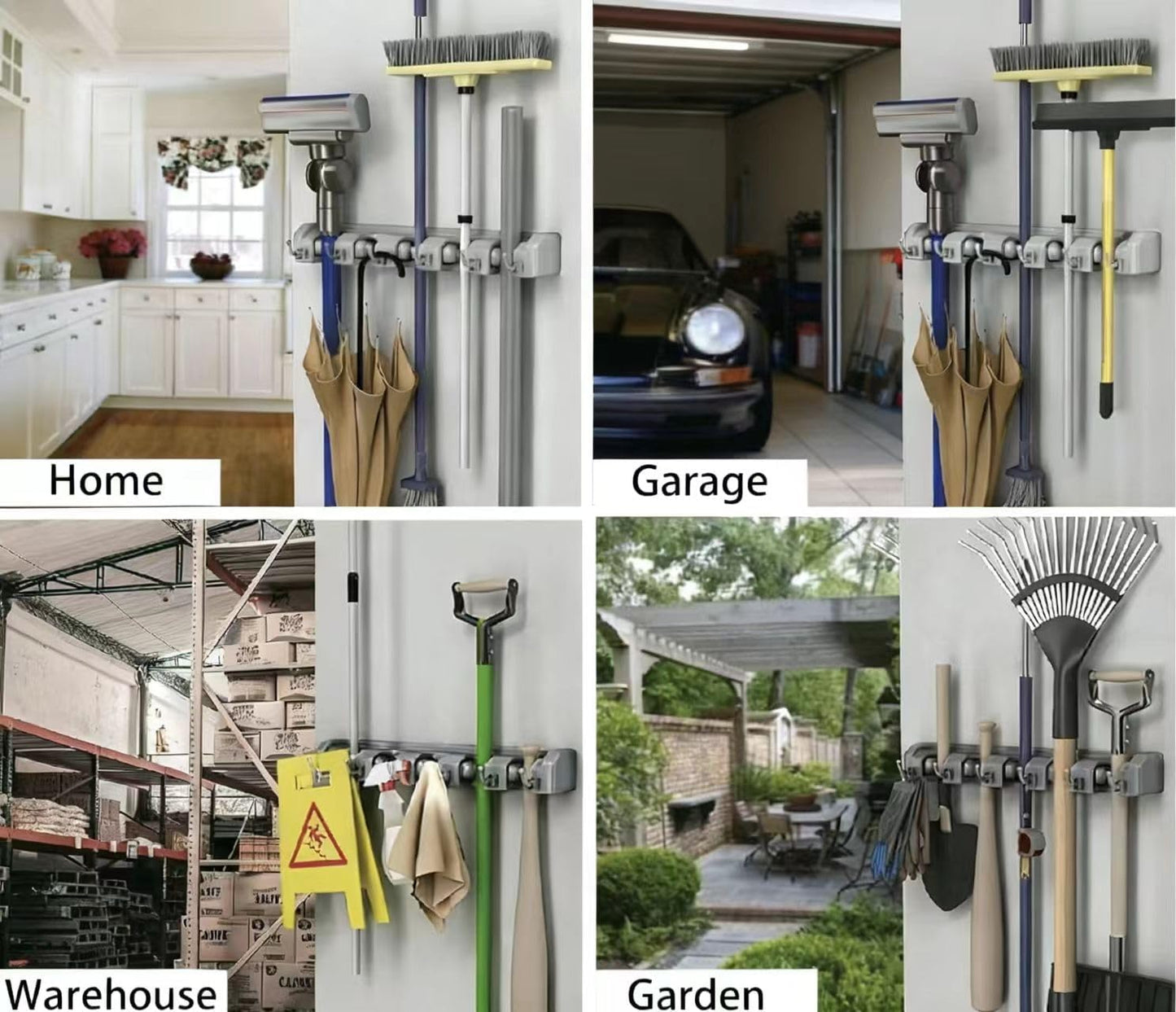 PP Plastic Multi-Function Broom & Mop Wall Mount Holder (16.9×3.35×2.36in, Gray) - Screw-Mounted Space Saver for Kitchen/Garage/Garden Tool Organization