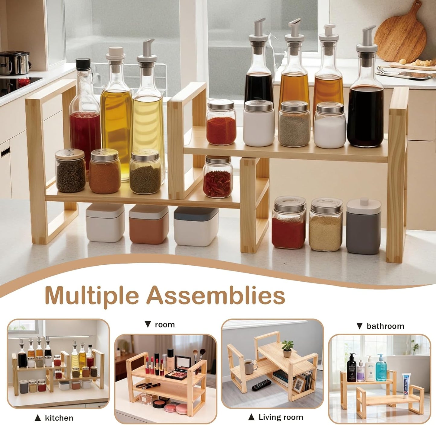 Upgraded Desktop & Off-Surface Shelves, No Tools Assembly Interlocking Joints for Enhanced Stability, Solid Pine Wood, 130lb Load Capacity for Office, Books, Bathroom Storage