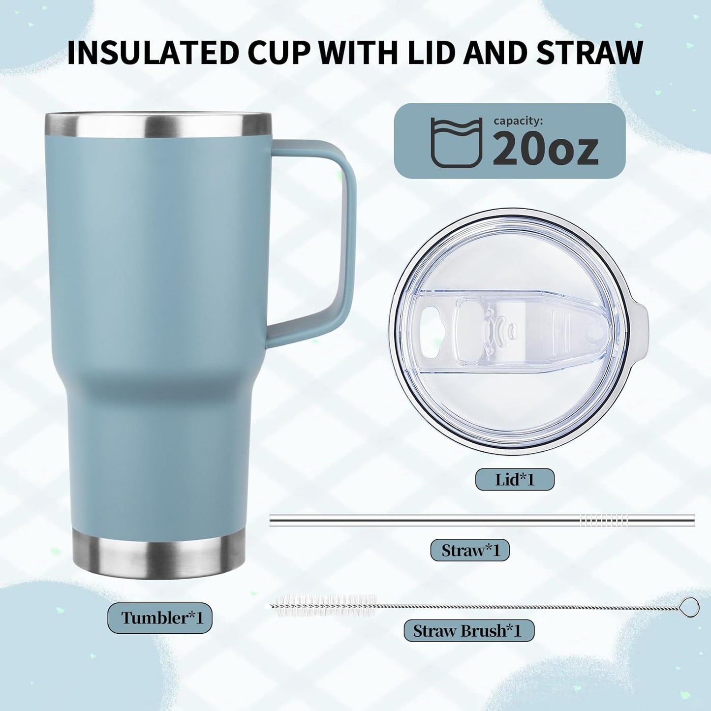 20oz Insulated Tumbler with Handle Stainless Steel Travel Coffee Mug with Lid and Straw Double Wall Vacuum Leak-proof Reusable Thermal Water Cup for Hot and Cold Drinks (Glacier blue,1 Pack)
