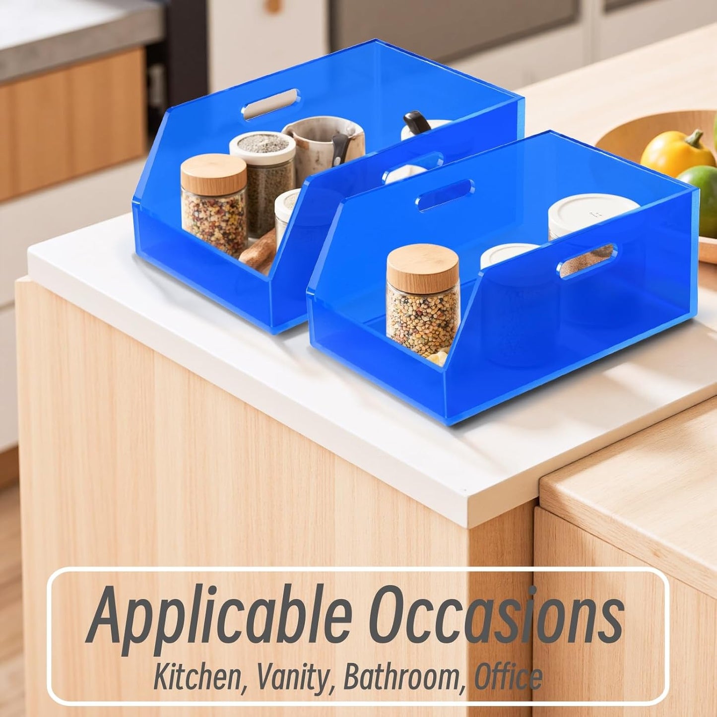 Gelite Stackable Large Storage Bin Organizer with Handles Acrylic Storage Container for Toy Pantry Kitchen Cabinet Bathroom Closet Office Organization, 15.4x11.4x6.7'', Navy Blue