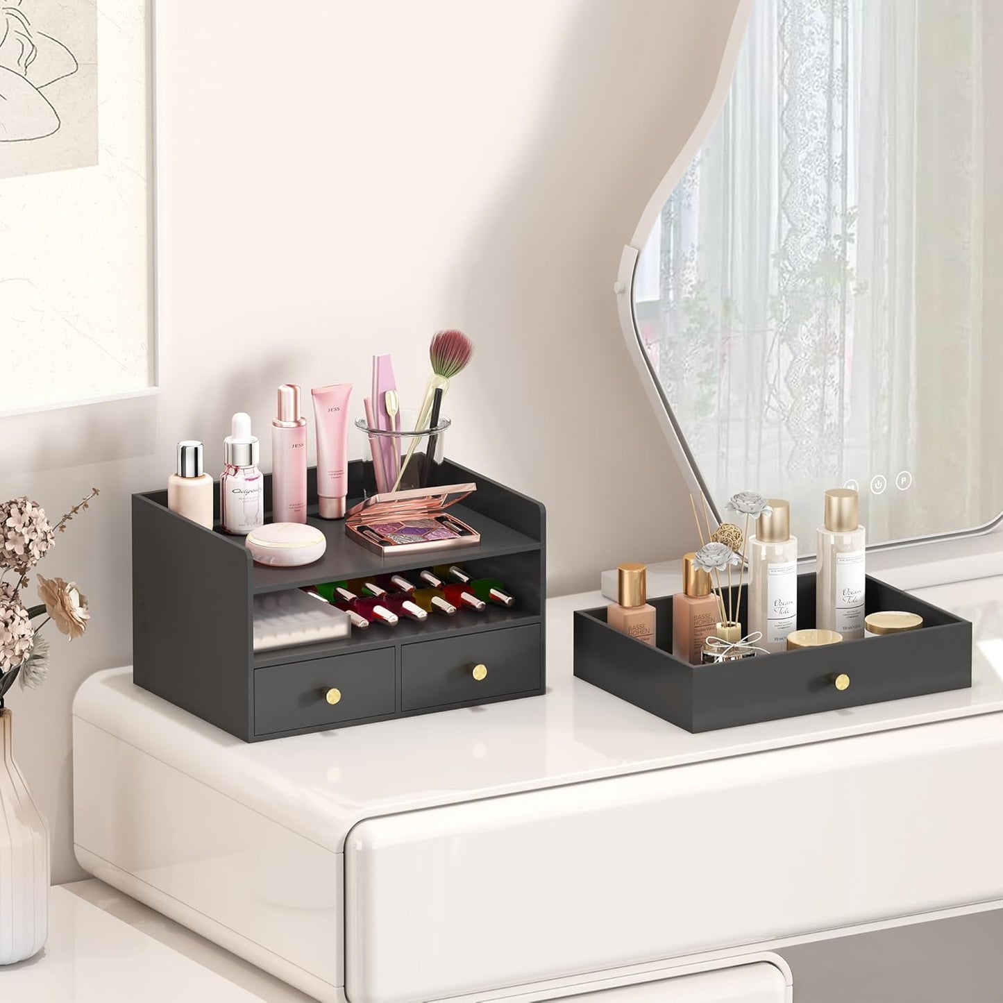 Bamboo Desk Organizer with Drawers Wooden Desktop Storage Drawers for Bills Office Supplies Kitchen Utensils Organizing Tool for Home Classroom Organization No Assembly (3 Drawers, Black)