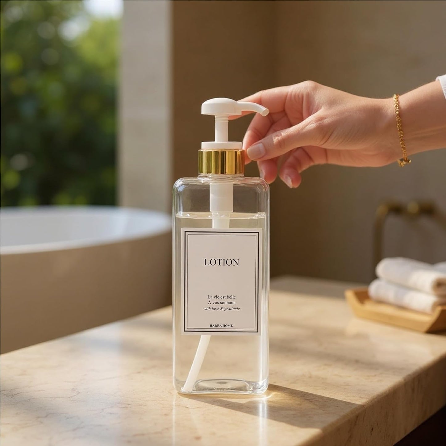 Modern Gold Design 27 oz Shampoo and Conditioner Dispensers - Plastic Refillable Pump Bottle Set for Bathroom Shower Soap Dispenser, Gift Box Included, Set of 3 (Clear & White)