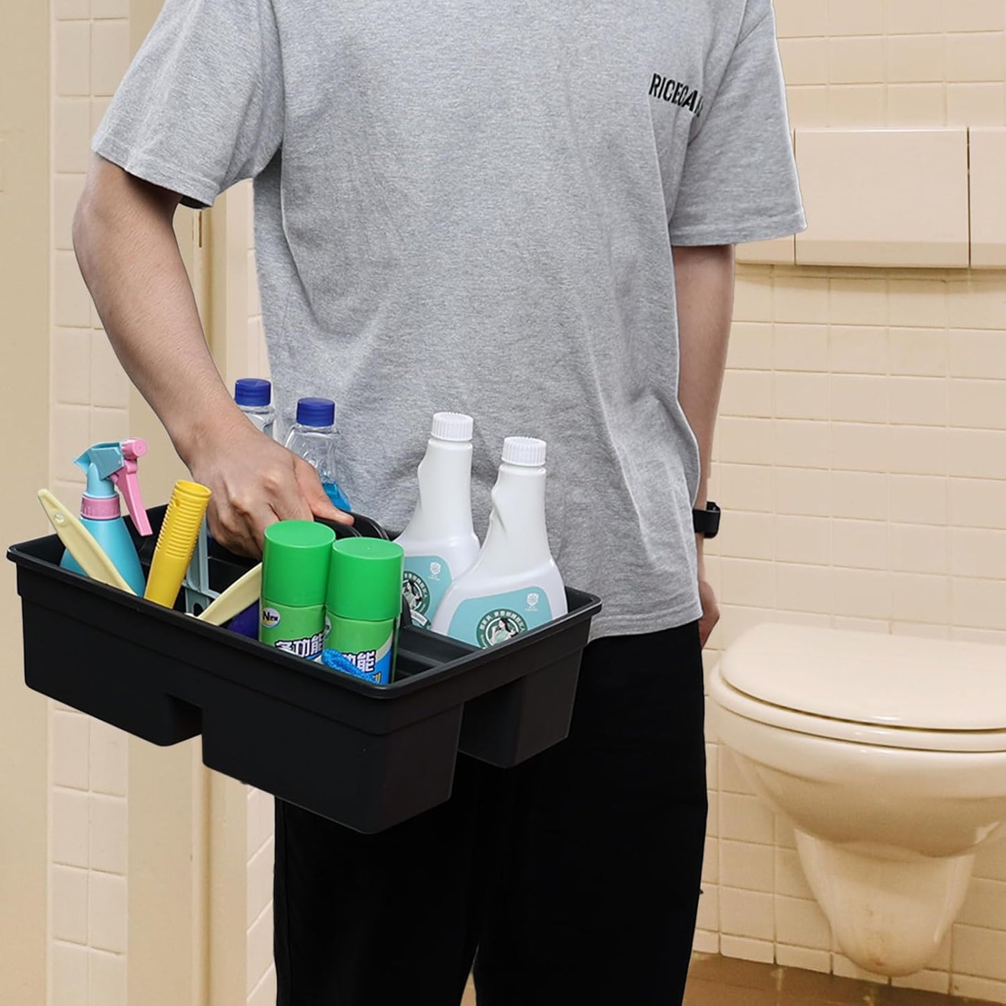 4-Pack Plastic Cleaning Caddy with Handle, Cleaning Caddy Tote, Grey, 15.19" x 10.78" x 4.52"