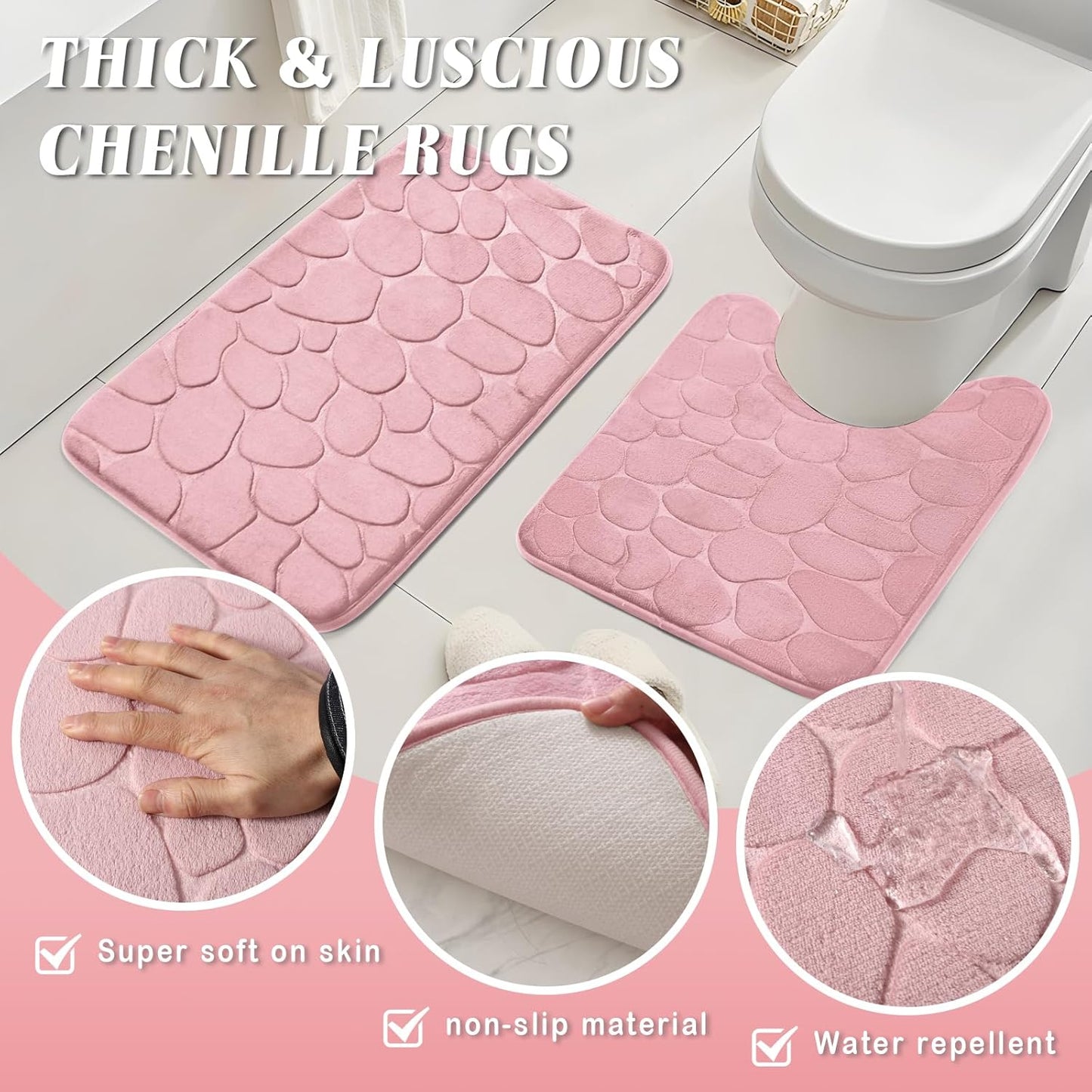 Bathroom Set with Shower Curtain and Rugs- 25PC Pink Bathroom Accessories, Shower Curtain Set, Toilet Brush, Trash Can, Qtip Holder Dispenser & Soap Dispenser