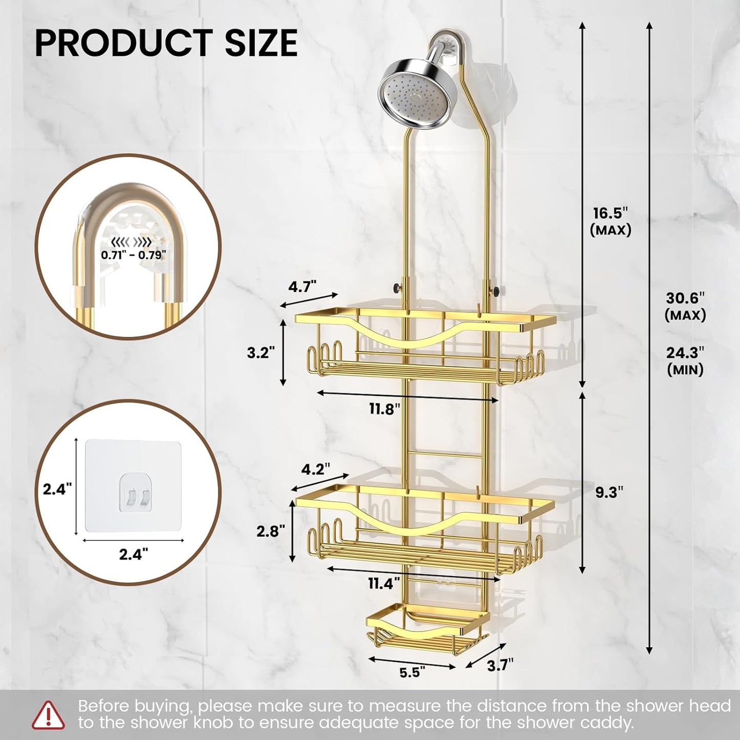 Shower Caddy Hanging Adjustable Shower Caddy, Rustproof Shower Organizer Extended Length Showers Caddy Over Shower Head with Hooks Soap Holder, Large Capacity Anti-Swing Bathroom Organizer, Gold