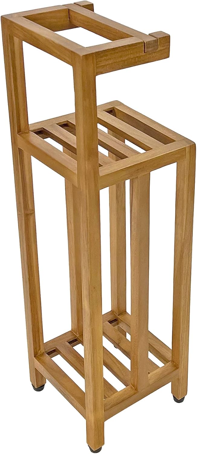 Solid Teak Toilet Paper Holder Stand with Shelf, Freestanding Bathroom Toilet Paper Roll Holder with Reserve, Standing Toilet Paper Holder with Storage, Fully Assembled, SpaTeak Collection, TB-702