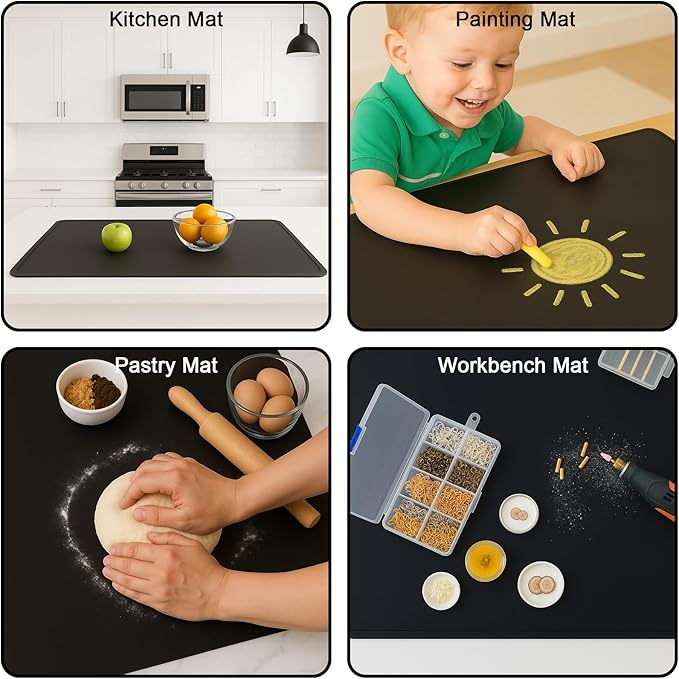 Silicone Mat 35.4"x23.6" Silicone Mats for Kitchen Counter Heat Resistant Mats for Countertop, Countertop Protector Mat, Edge Heightening Nonstick Waterproof Multipurpose Table Mat (Black)