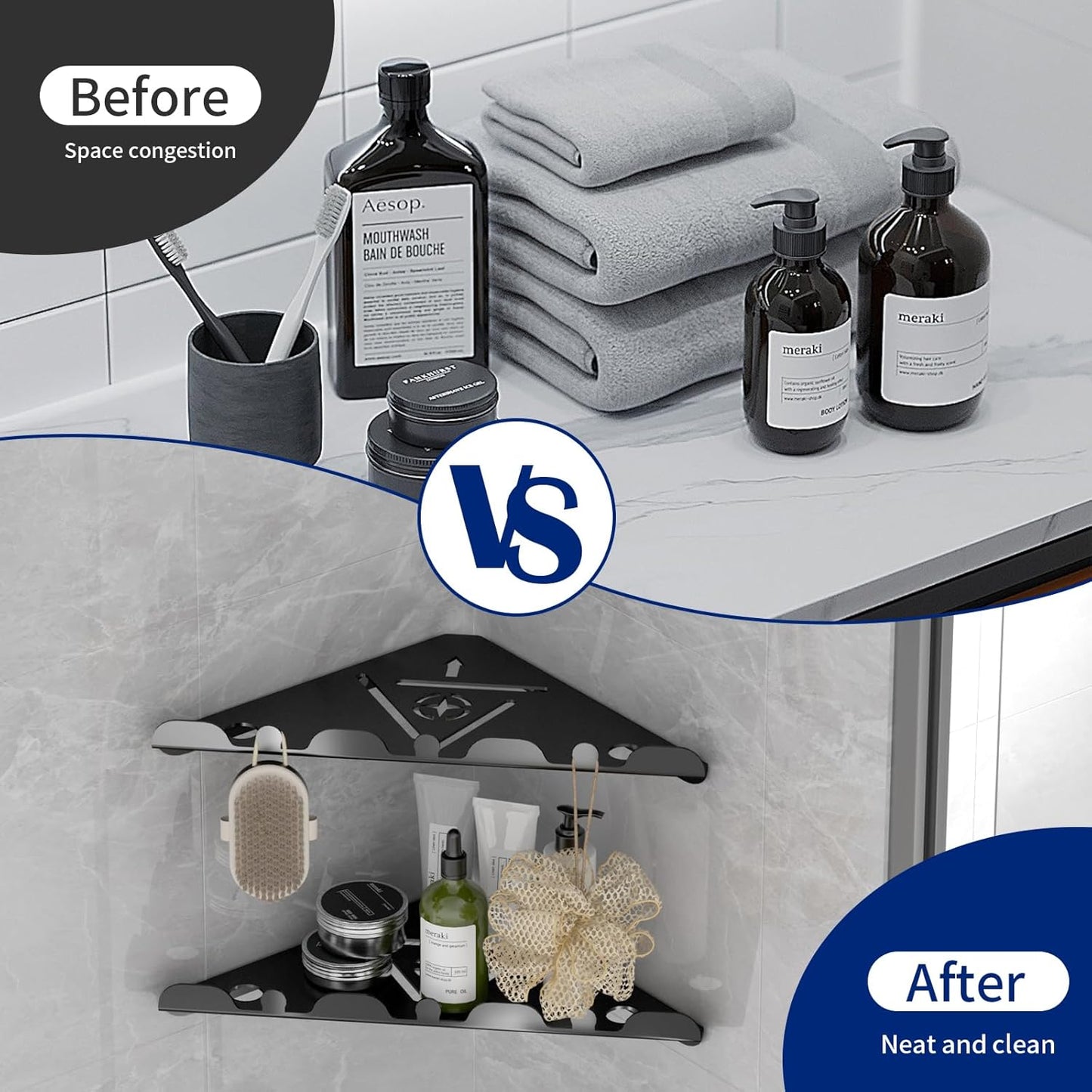 2 Pack Corner Shower Shelf, 10" 304 Stainless Steel Modern Corner Shower Shelf for Inside Shower, Heavy Duty Shower Caddy Organizer with Razor Hole, Drilling Installation (Black, 10")