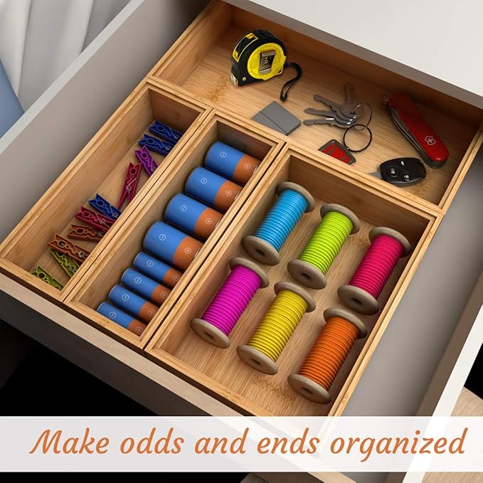 Utensil Organizer Silverware Drawer Organizer - Stackable Bamboo Flatware Caddy Cutlery Holder, Wooden Storage Boxes Tray for Bedroom,Office, Bathroom, Vanity & Garage Tool Organization(9"3"2.5")