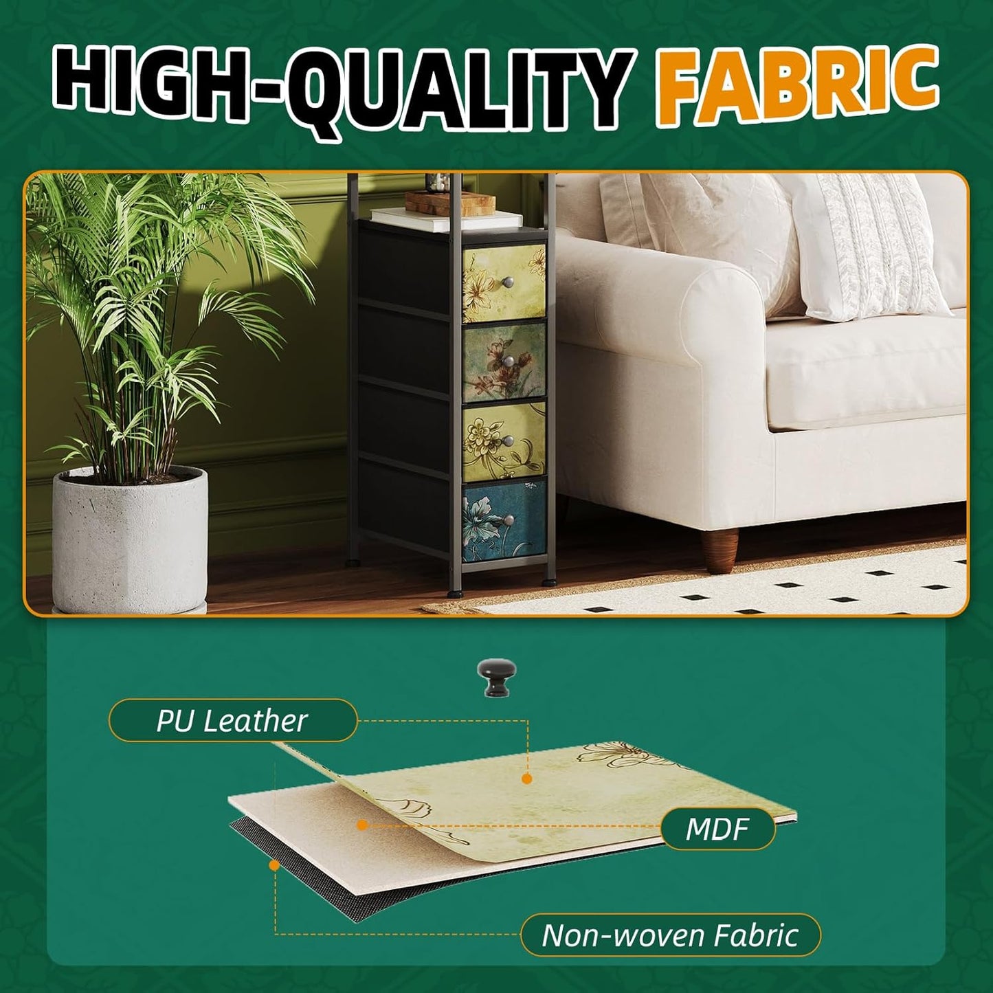 Narrow Dresser, Narrow Nightstand Dresser Storage Tower with 4 Drawers, Slim Fabric Dressers Chest of Drawers for Small Spaces, Retro Flower Dressers, for Bedroom Bathroom Laundry Closet (Black)