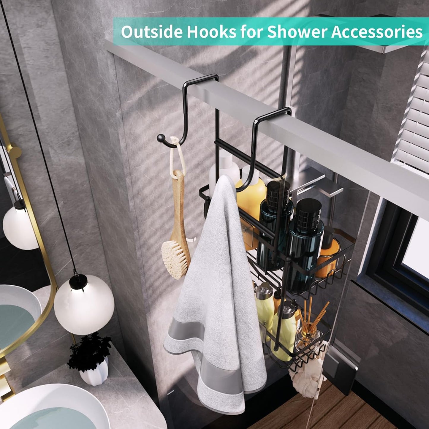 HapiRm Hanging Shower Caddy Over the Door with Soap Holder, No Drilling Adhesive Shower Organizer with 11 Hooks, Rustproof & Waterproof 304 Stainless Steel Bathroom Shelves - Black