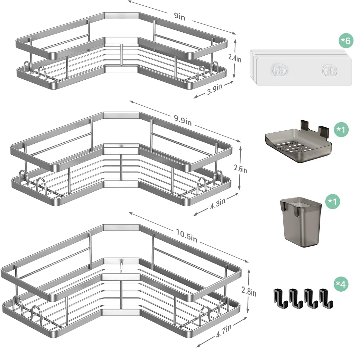 Corner Shower Caddy Bathroom Organizer: Adhesive Shower Rack Bathtub Shelves - 3Pack No Drilling Shower Shelf - Stainless Steel Rustproof Bath Tub Organizer