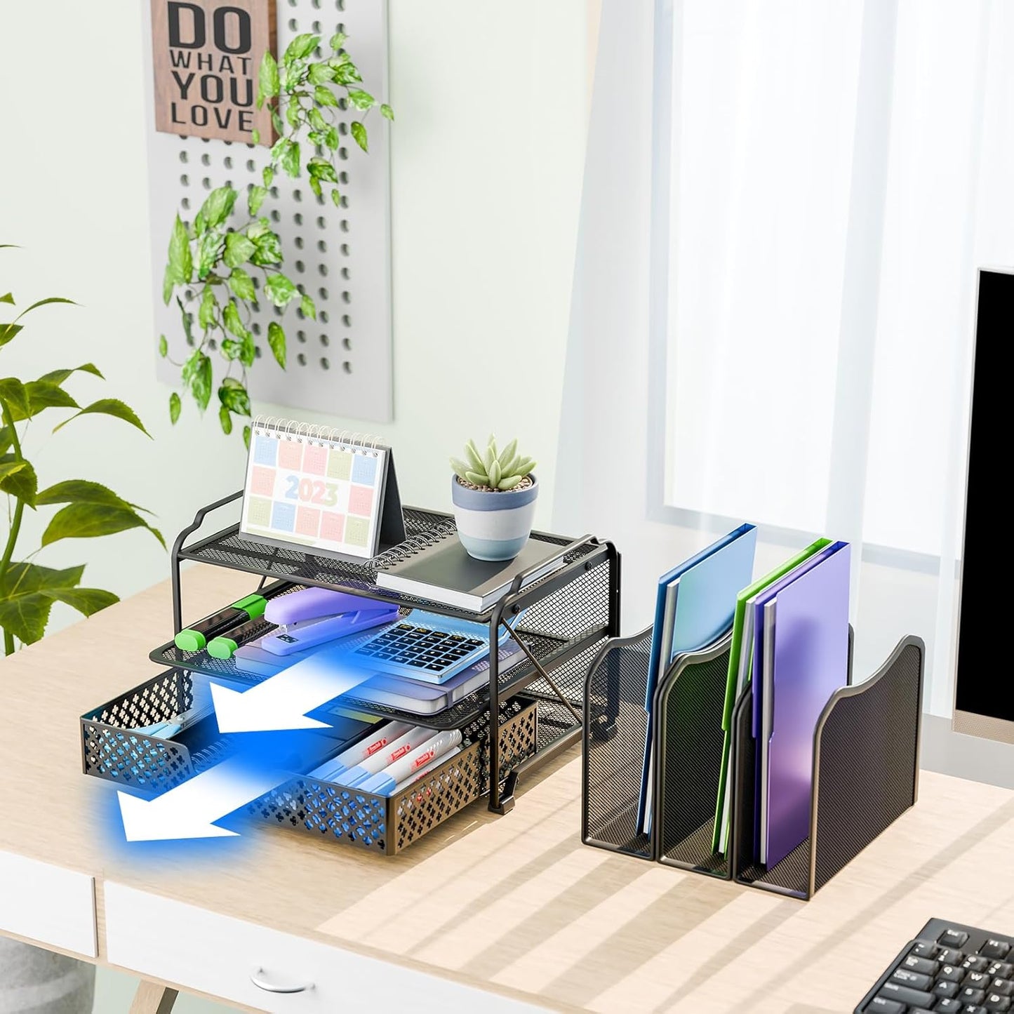 Simple Trending Mesh Desk File Organizer, Office Supplies Desktop Storage with Sliding Drawer, Double Tray and 5 Upright Section Sorter Organizer, Black