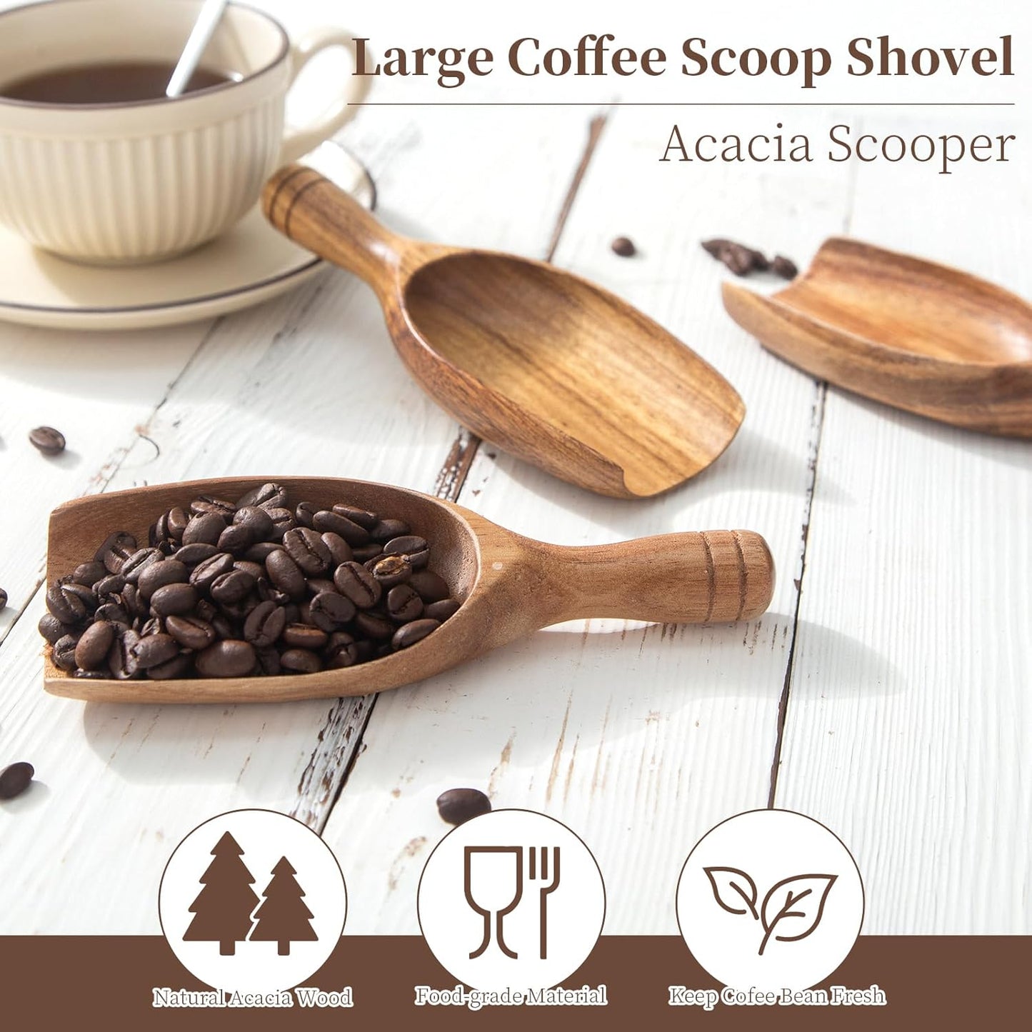 Big Wooden Coffee Scoop, 2pcs Large Coffee Scoops for Ground Coffee Beans, Acacia Wood Shovel Spoons Multipurpose for Jars Canisters,Kitchen Scooping Tool Salts Spice Pepper Powder Tea Shovels