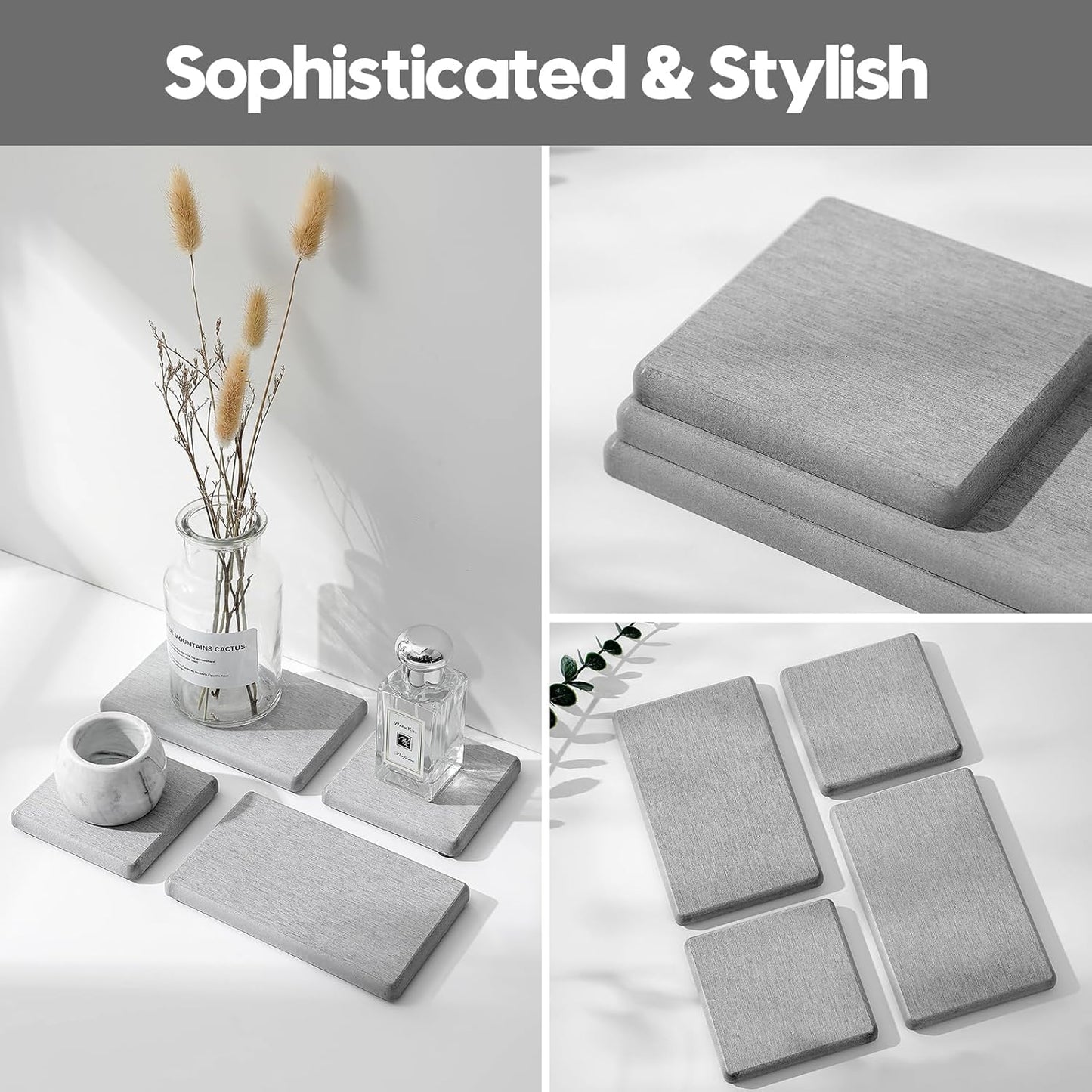 4PCS Bathroom Sink Vanity Trays, Diatomaceous Earth Quick Stone Drying Mat Kitchen Counter Dish Soap Dispenser Sponge Holder, Water Absorbing Caddy Organizer for Bottle & Cup, Light Gray