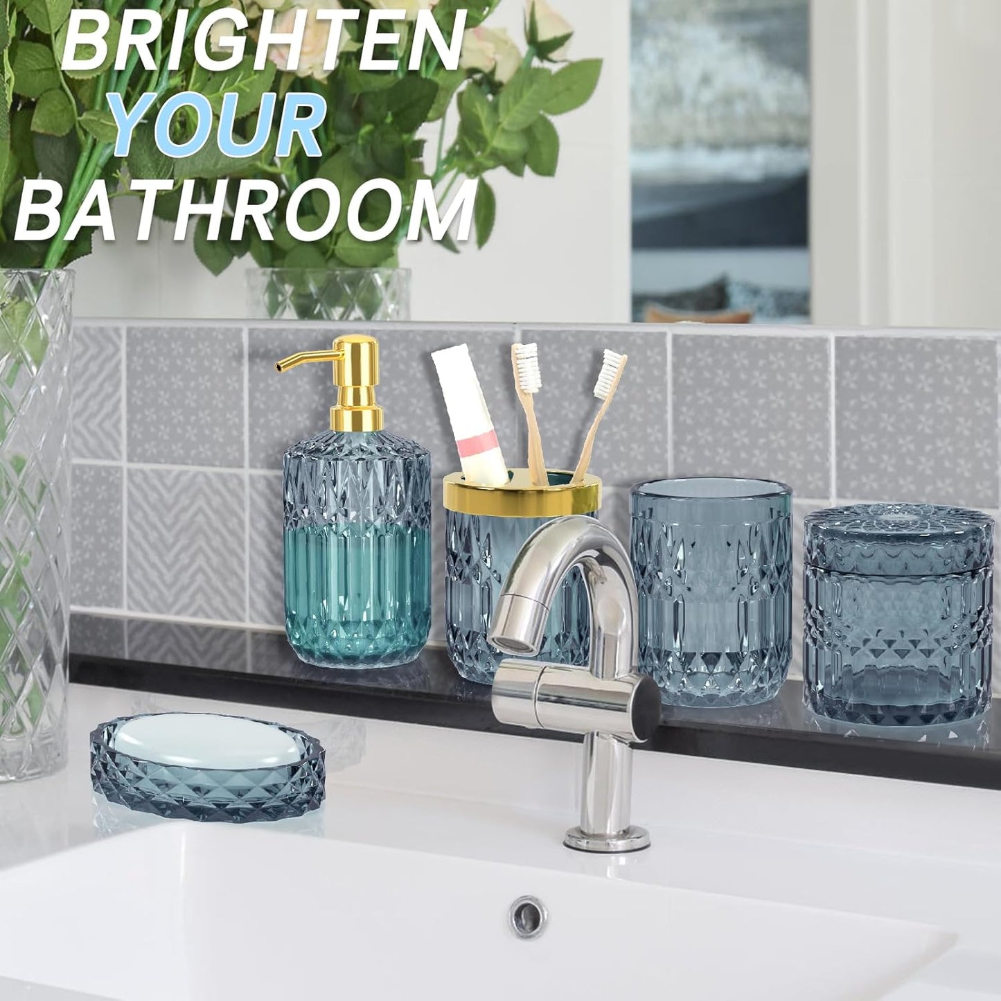 Blue Bathroom Accessories Set - 5PCS Clear Glass Bathroom Accessory Set (Toothbrush Holders, Soap Dispenser, Soap Dish, Tumbler, Cotton Swab Jar), Countertop Vanity Organizer Modern Decor Vintage Gift