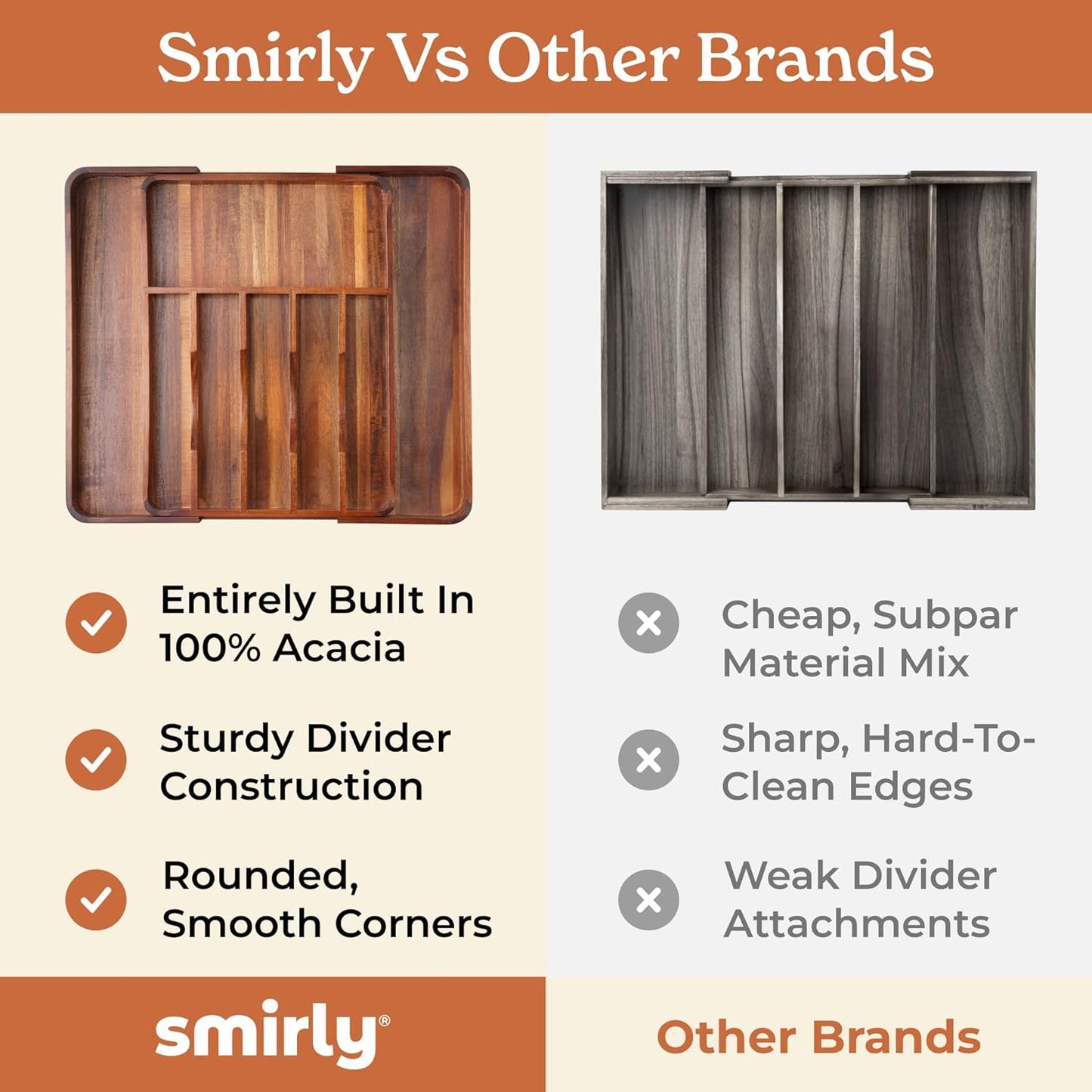 SMIRLY Silverware Drawer Organizer – Bamboo Kitchen Drawer Organizer, Adjustable Utensil Holder and Cutlery Tray, Drawer Dividers for Flatware and Kitchen Utensils