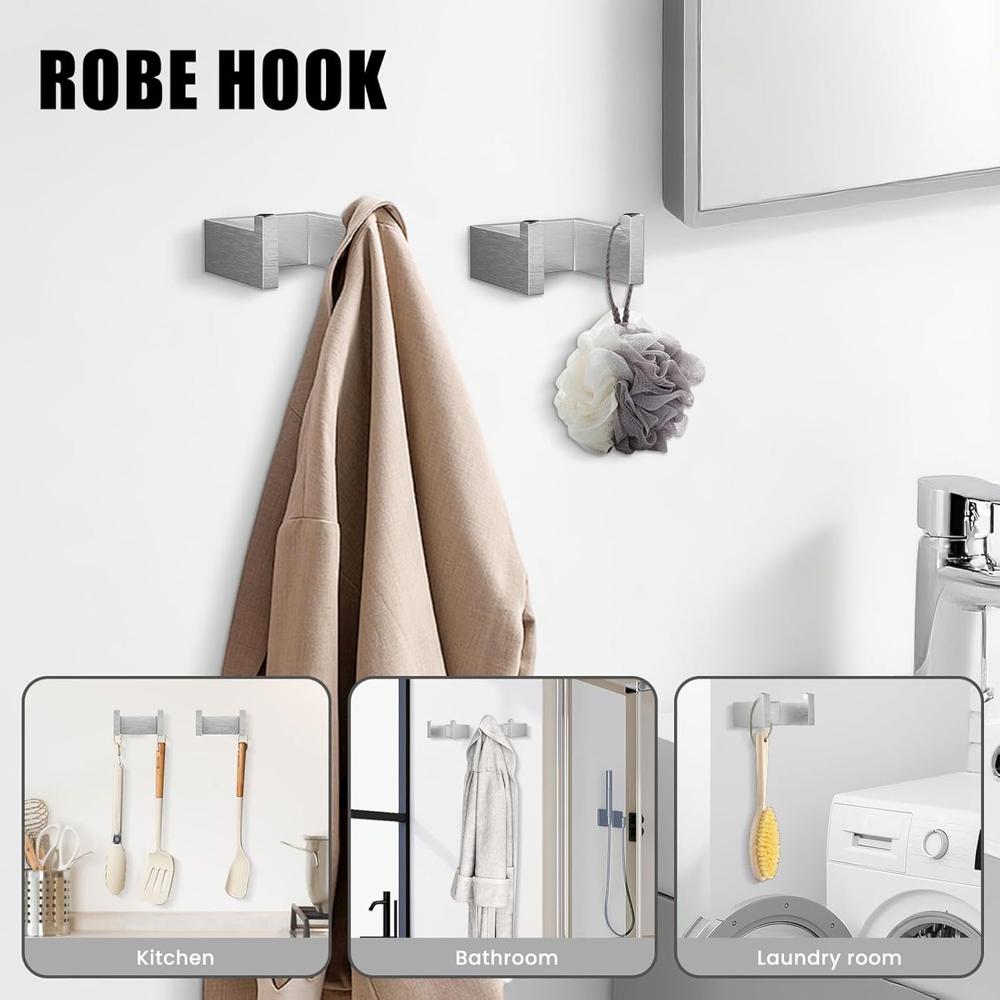 4 Pcs SUS304 Stainless Steel Bathroom Accessories Set, 24" Towel Bar, Towel Holder, Toilet Paper Holder, Robe Hook, Minimalist Design for All Styles Bathrooms (Brushed Nickel)