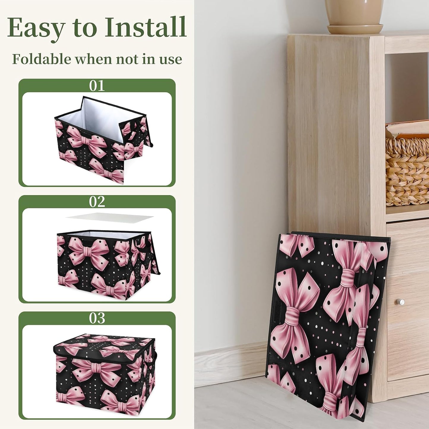 Closet Storage Bins Storage Baskets for Organizing with Flip-Top Lid & Handles, 27 Quart Large Linen Closet Organizers and Storage Cubes, Decorative Wardrobe Boxes for Organization (Pink Bows)