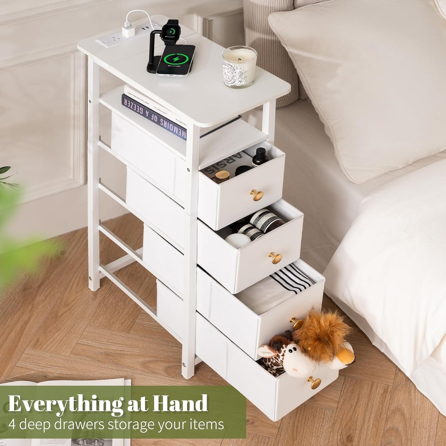 Yoobure LED Narrow Nightstand with Charging Station - Slim Dresser for Bedroom Narrow Side Table Storage Cabinet, Small Dressers Chest of Drawers, Tall Night Stand End Table for Small Spaces, White