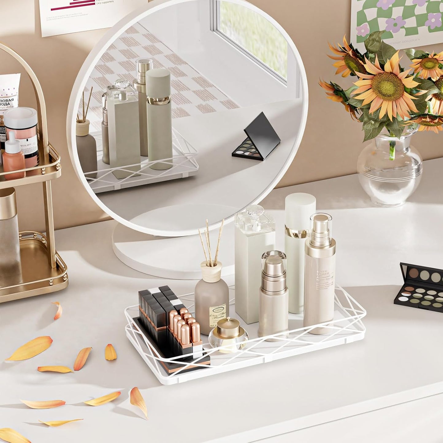 Toilet Paper Basket Holder, 13" Bathroom Tray Countertop, Wood and Metal Toilet Tank Tray Bathroom Vanity Organizer for Toiletry, Kitchen Sink Organizer for Soap Dispenser (White)