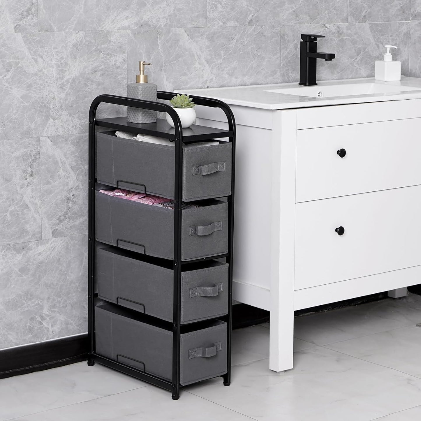 MAX Houser 4 Drawer Narrow Dresser Fabric Storage Tower Vertical Slim Storage Chest Organizer Nightstand Side/End Table Small Standing Organizer Removable Drawers Wood Top for Bedroom, Bathroom(Grey