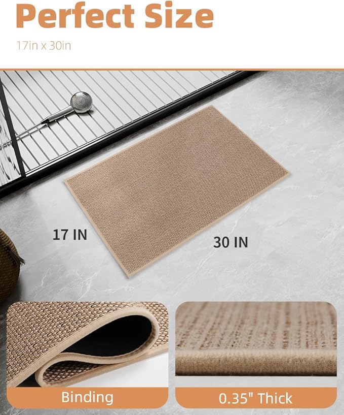 PADOOR Non-Slip Bath-Mats for Bathroom, Rubber-Backing Braided Absorbent Bathroom Mat Machine Washable Thin Bathroom Rugs Fit Under Door Quick Dry Bath Rugs for Floor, 17''x30'' Beige