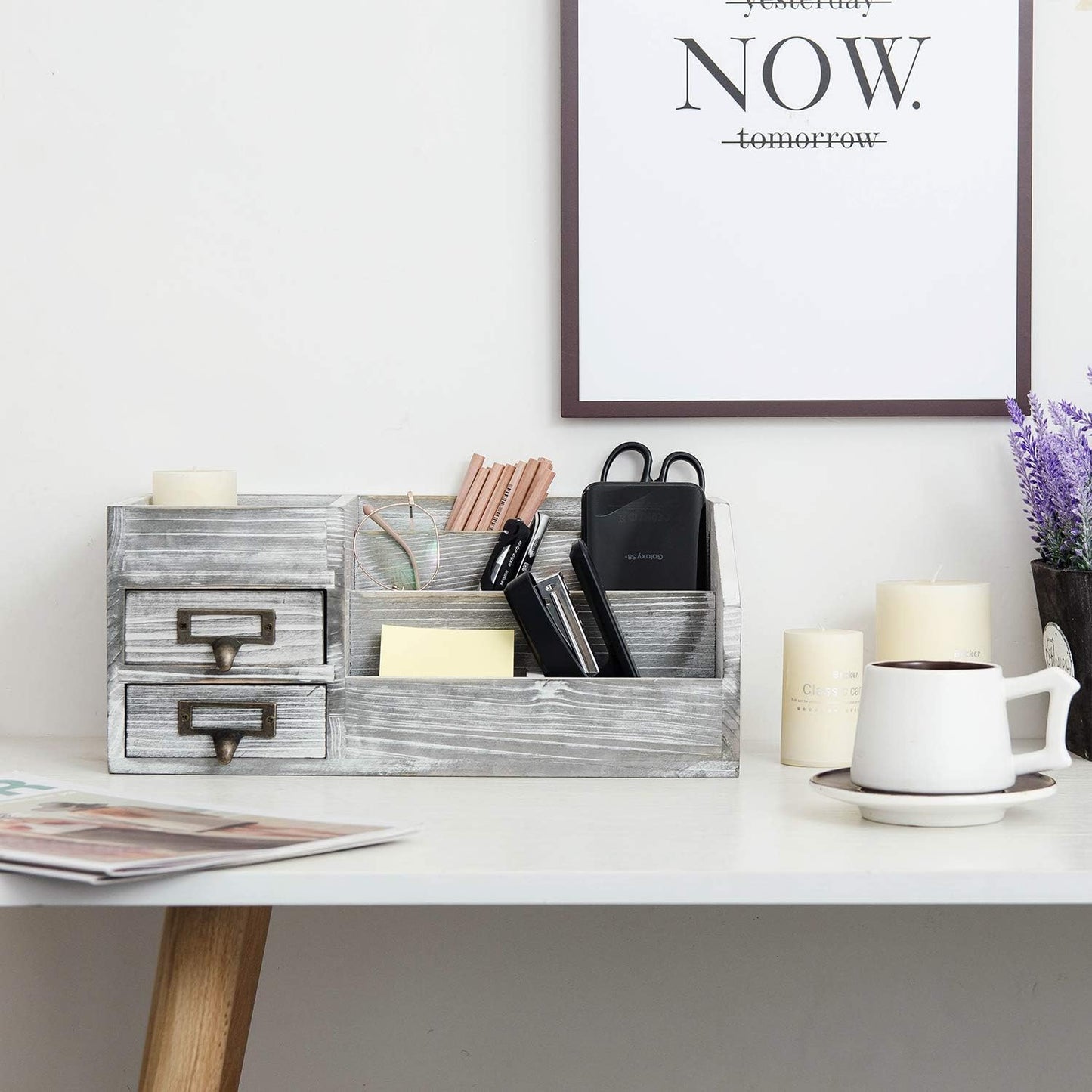 Distressed Rustic Wooden Office Desktop Organizer Wood Shelf Tabletop Home Organizer Storage with Multiple Compartments 2 Tier Drawers,perfect Jewelry storage Display Box for Desk, Vanity (gray)