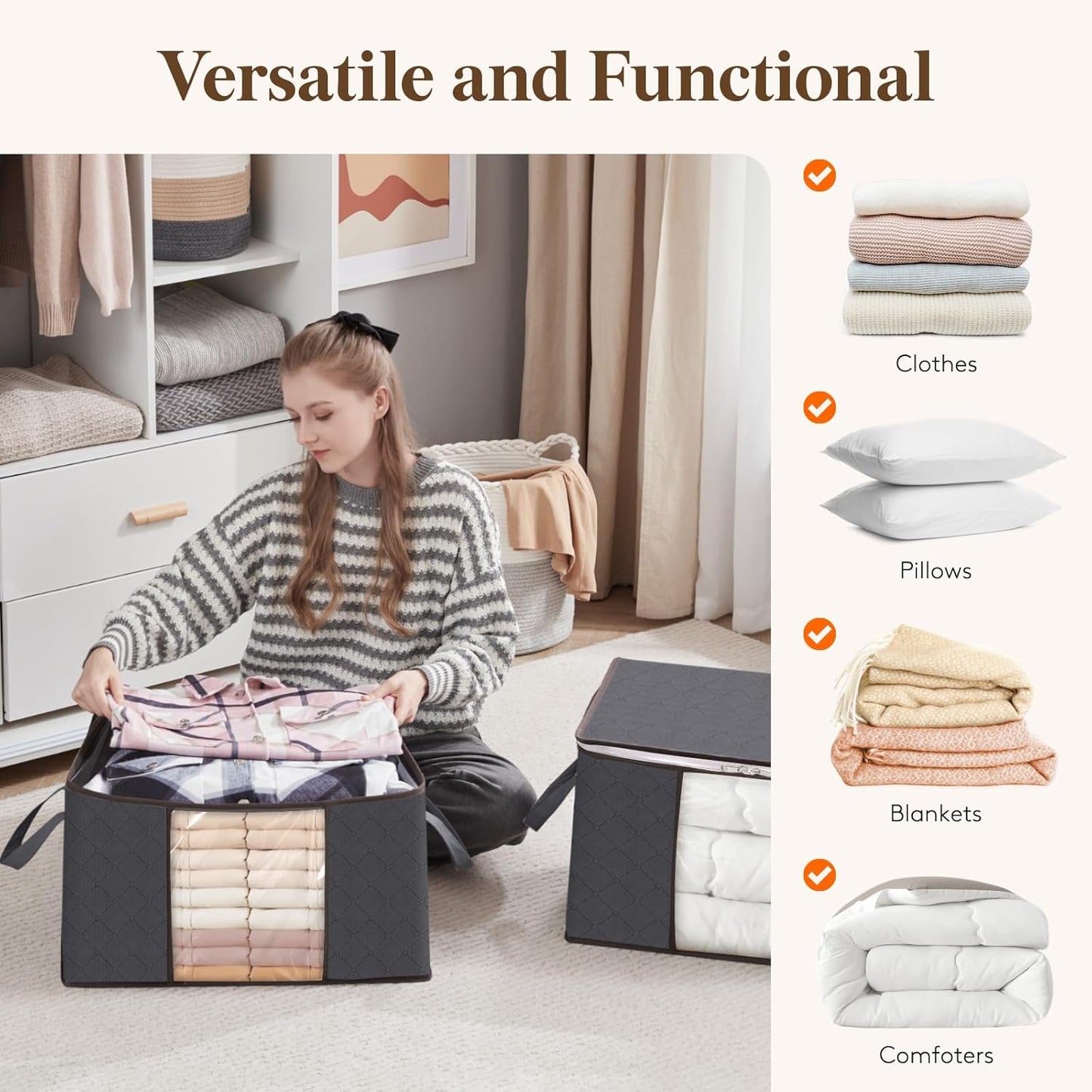 Lifewit 90L Large Storage Bags, 10 Pack Closet Organizers and Storage, Clothes Storage Bins with Lids, Foldable Storage Containers with Reinforced Handles for Clothing Blanket Bedding Comforter Gray